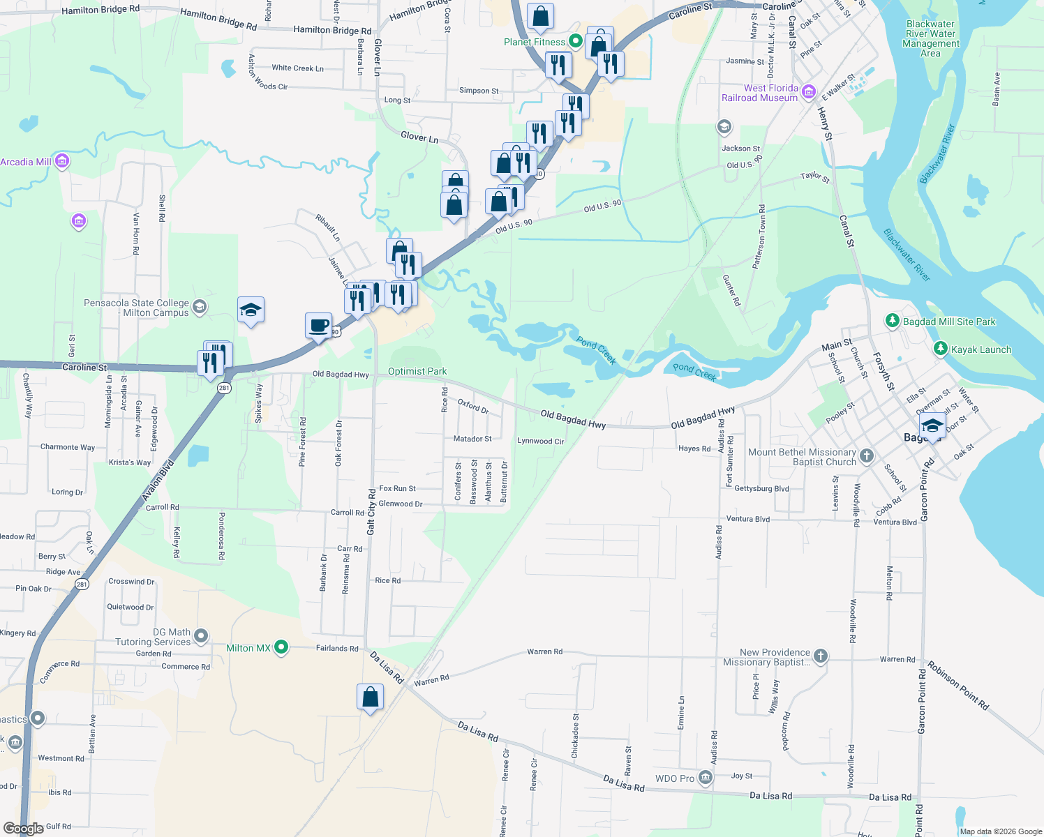 map of restaurants, bars, coffee shops, grocery stores, and more near 6410 Lynnwood Circle in Milton