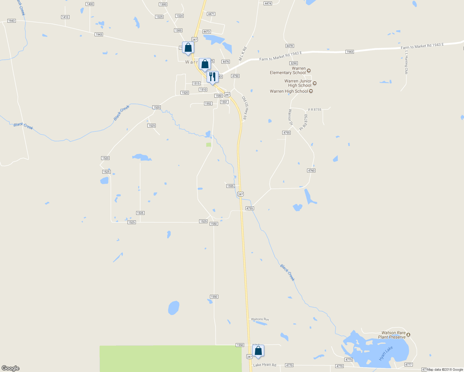 map of restaurants, bars, coffee shops, grocery stores, and more near County Road 1555 in Warren