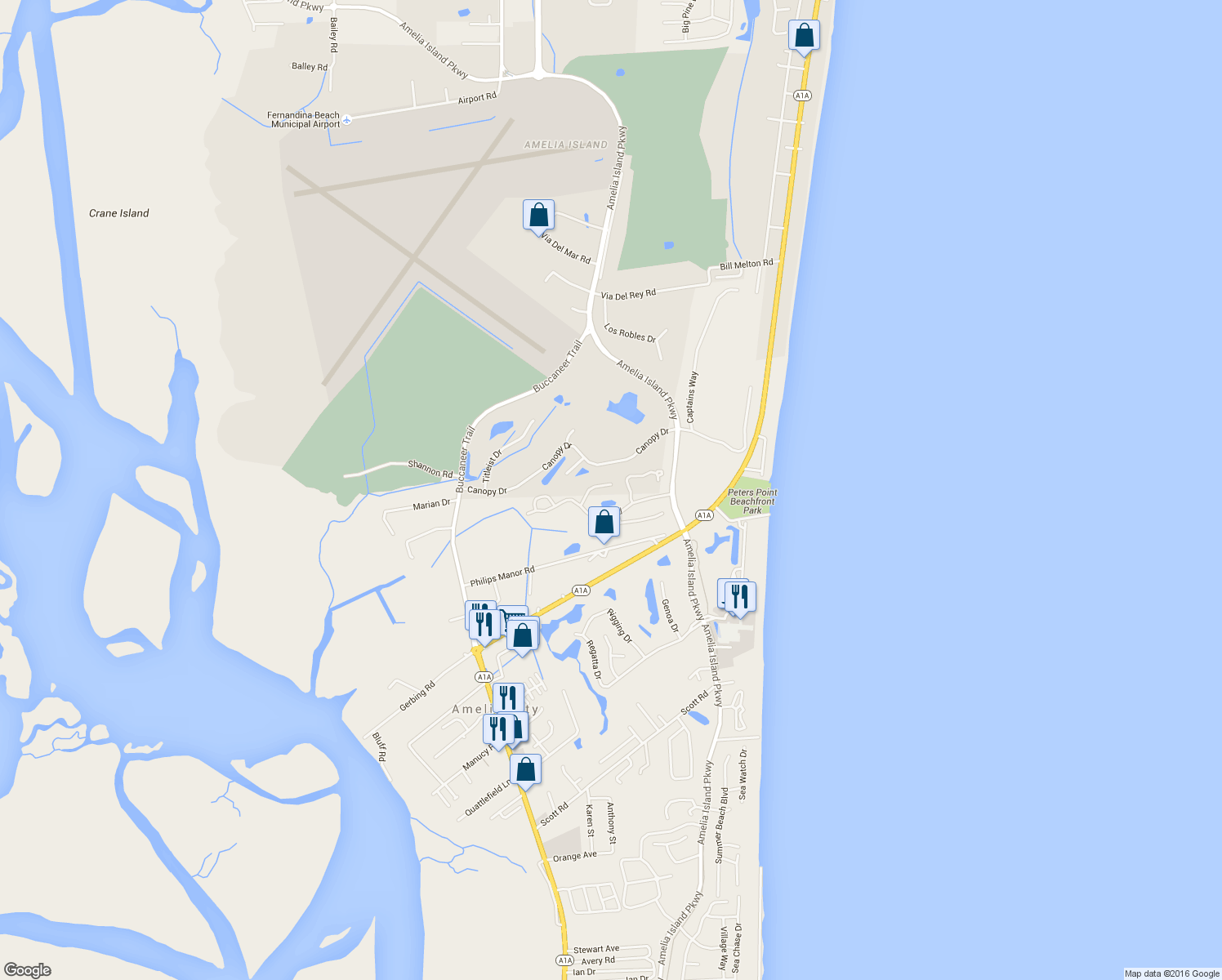 map of restaurants, bars, coffee shops, grocery stores, and more near 95133 Elderberry Lane in Fernandina Beach