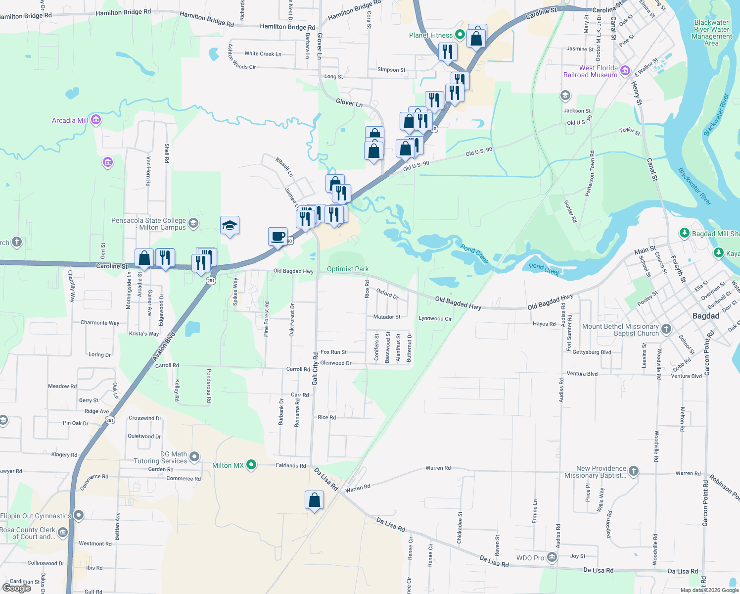 map of restaurants, bars, coffee shops, grocery stores, and more near 4556 Rice Road in Milton
