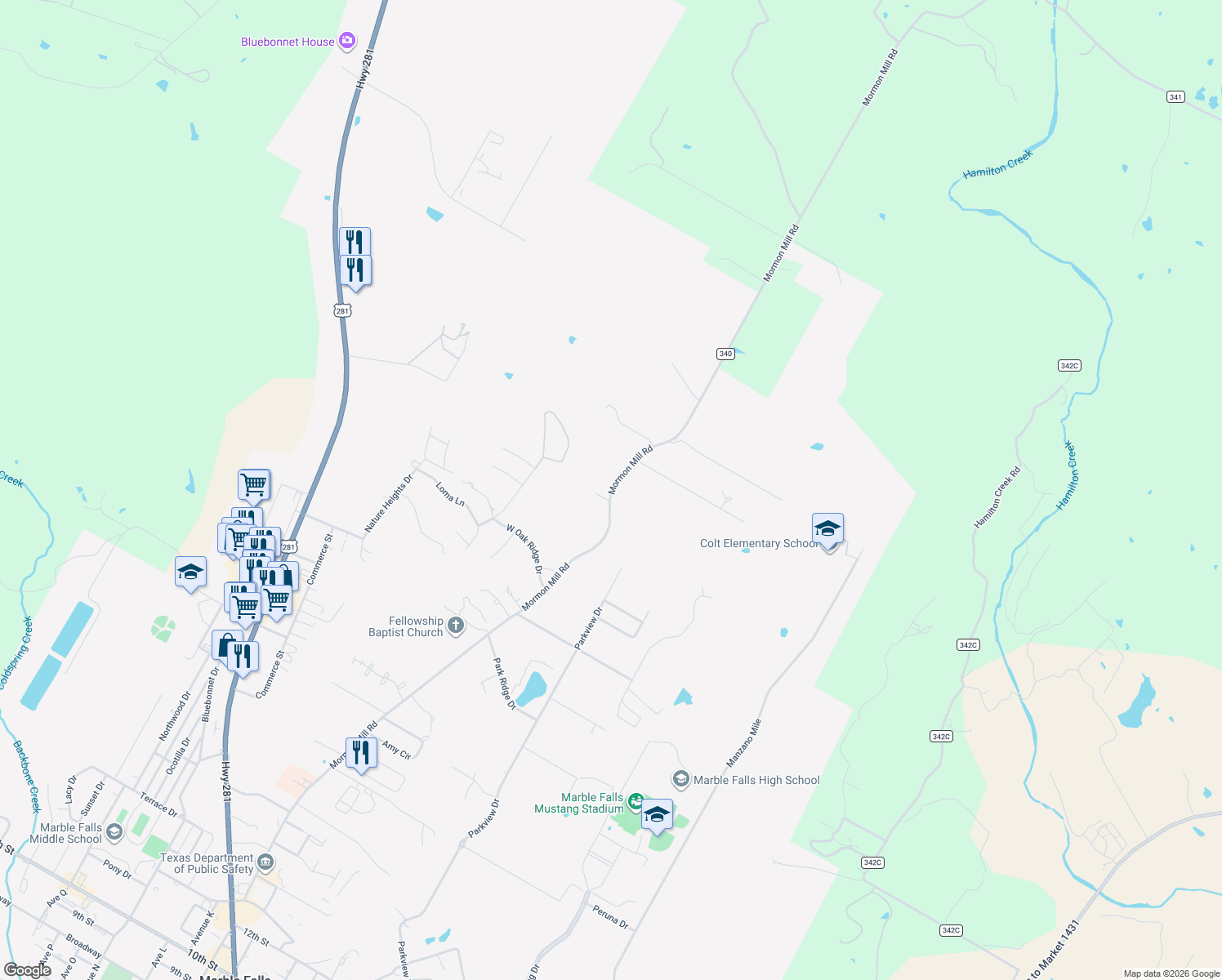 map of restaurants, bars, coffee shops, grocery stores, and more near 3401 Mormon Mill Road in Marble Falls