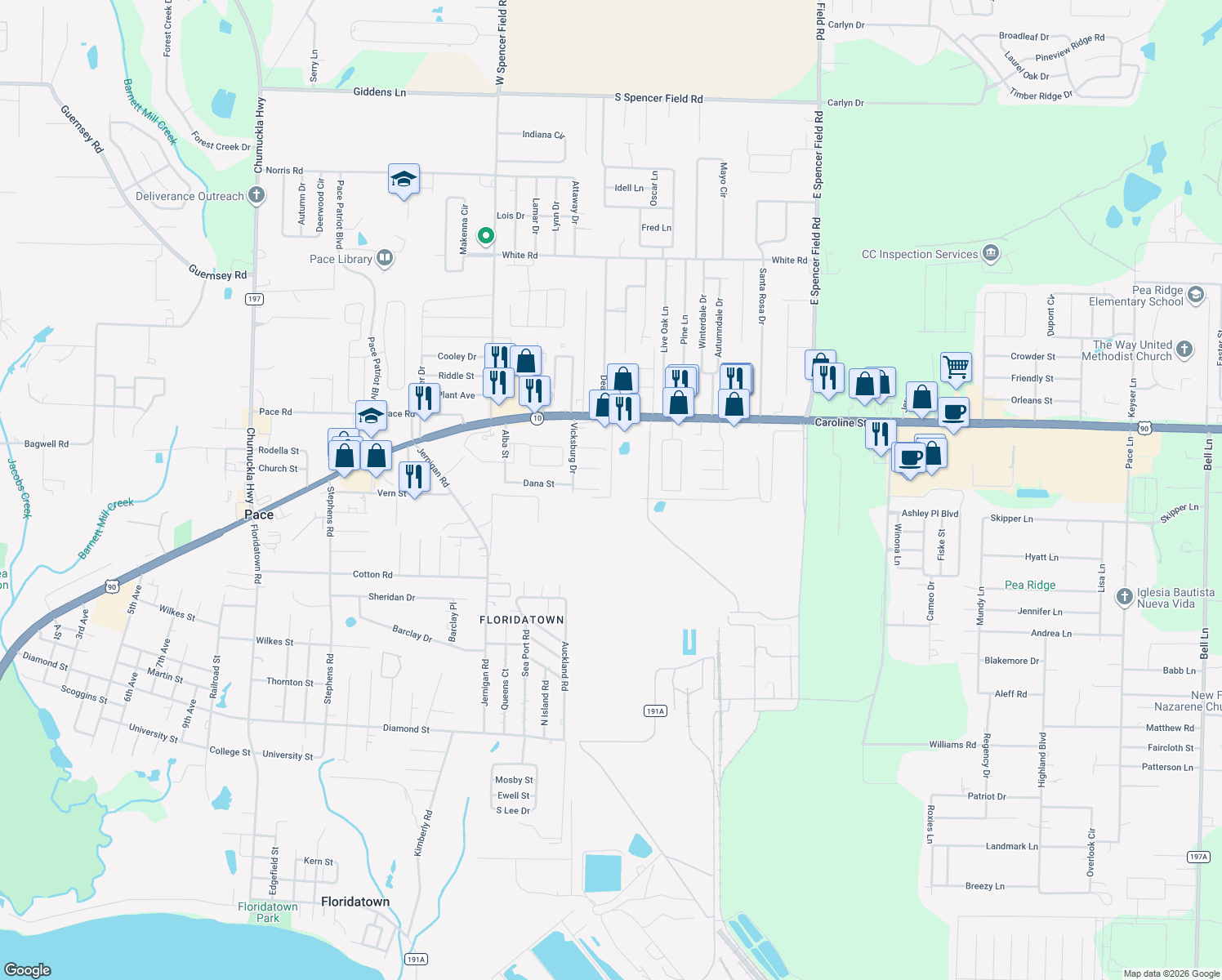 map of restaurants, bars, coffee shops, grocery stores, and more near 4227 Sanford Street in Pace