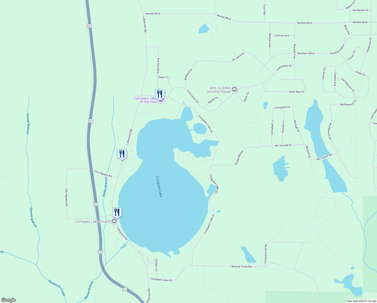 map of restaurants, bars, coffee shops, grocery stores, and more near 2648 Lakeview Circle in Alford