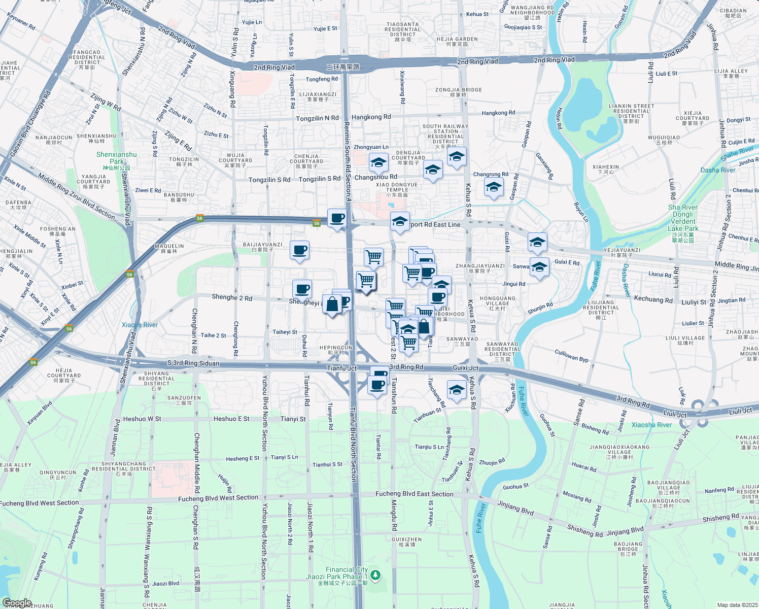 map of restaurants, bars, coffee shops, grocery stores, and more near 388 Tian Ren Lu in Cheng Du Shi