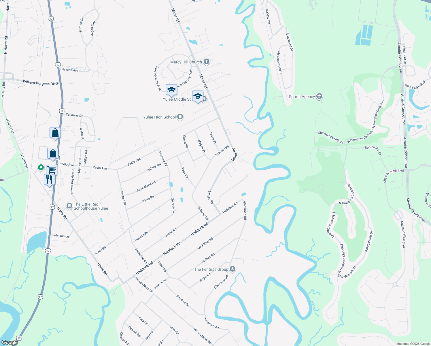 map of restaurants, bars, coffee shops, grocery stores, and more near 85145 Miner Road in Yulee