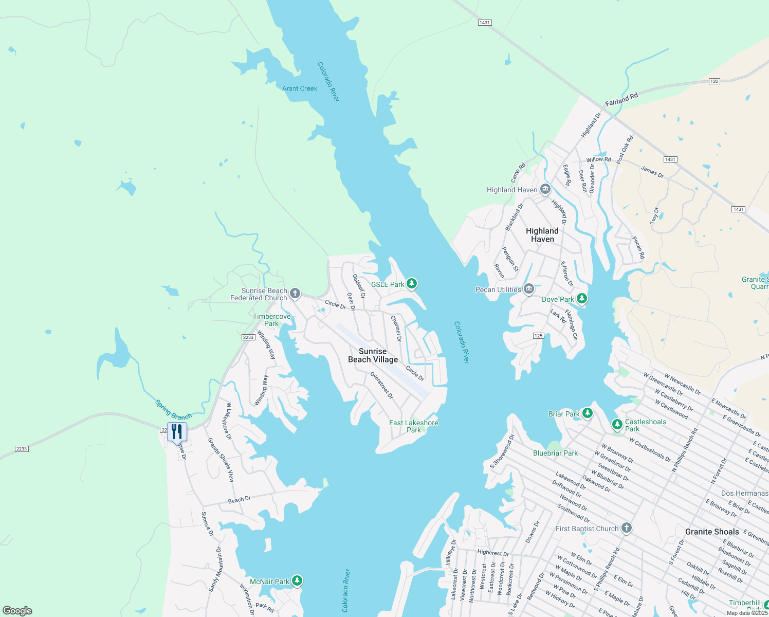 map of restaurants, bars, coffee shops, grocery stores, and more near 302 Park Ln in Sunrise Beach Village