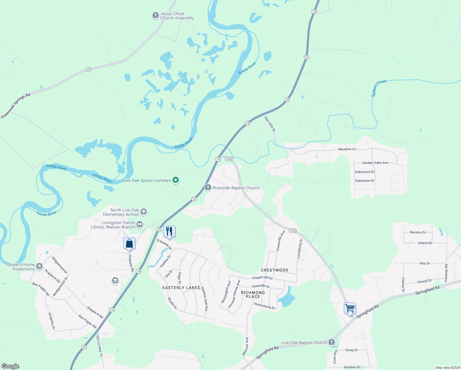 map of restaurants, bars, coffee shops, grocery stores, and more near 9205 Rue De Fluer in Denham Springs