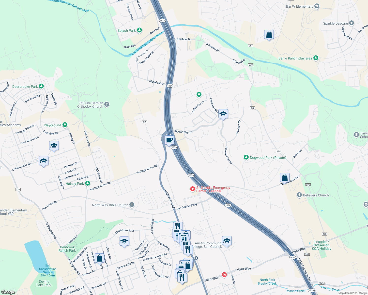map of restaurants, bars, coffee shops, grocery stores, and more near 3751 U.S. 183 in Leander
