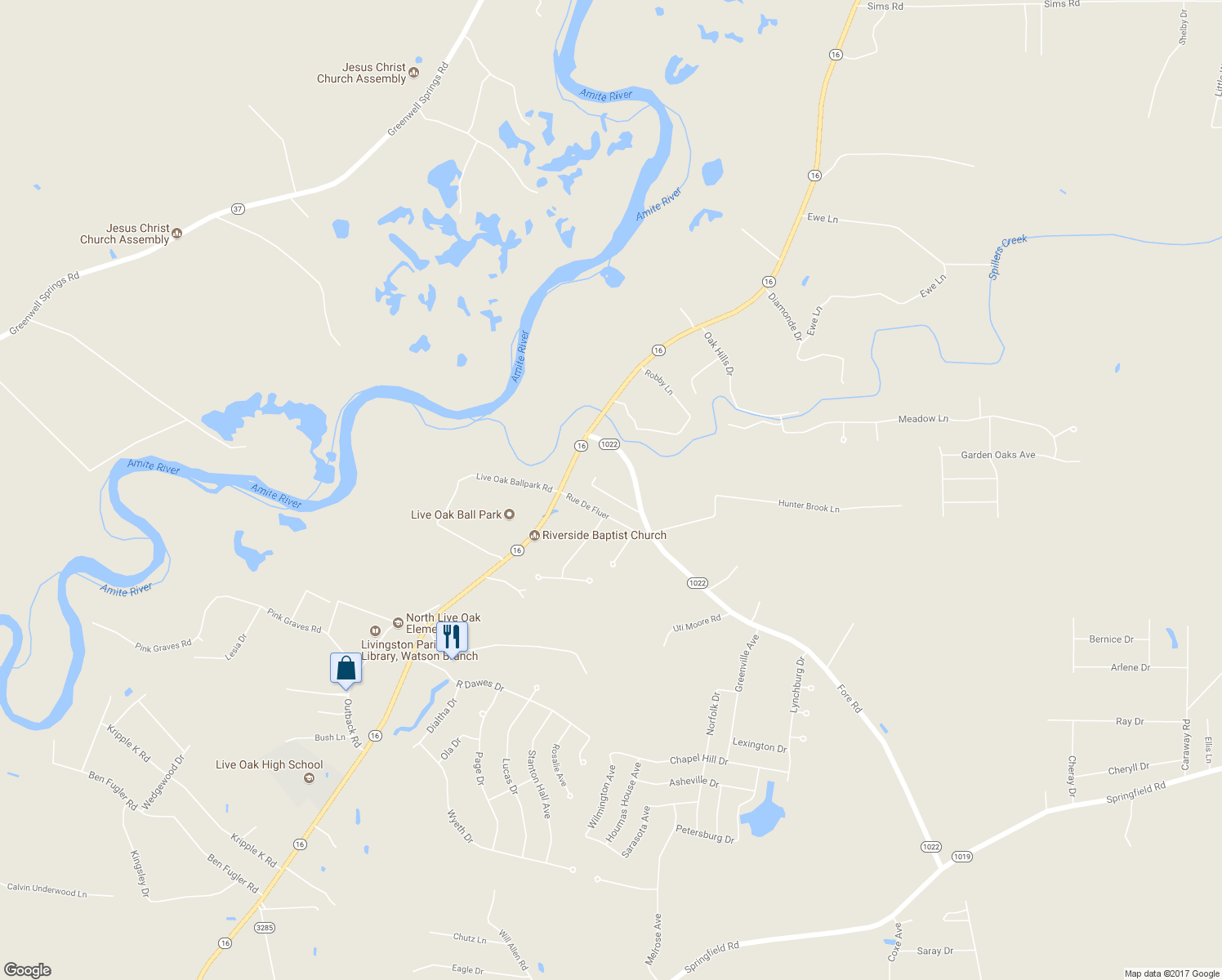 map of restaurants, bars, coffee shops, grocery stores, and more near 9329 Rue De Benoit in Denham Springs