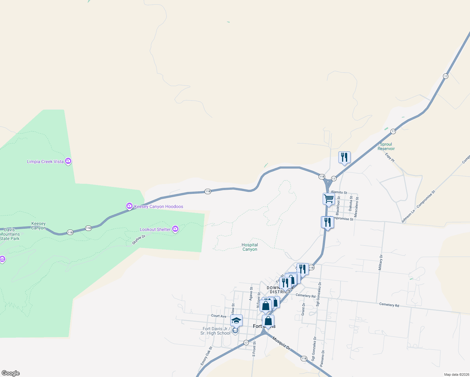 map of restaurants, bars, coffee shops, grocery stores, and more near in Fort Davis