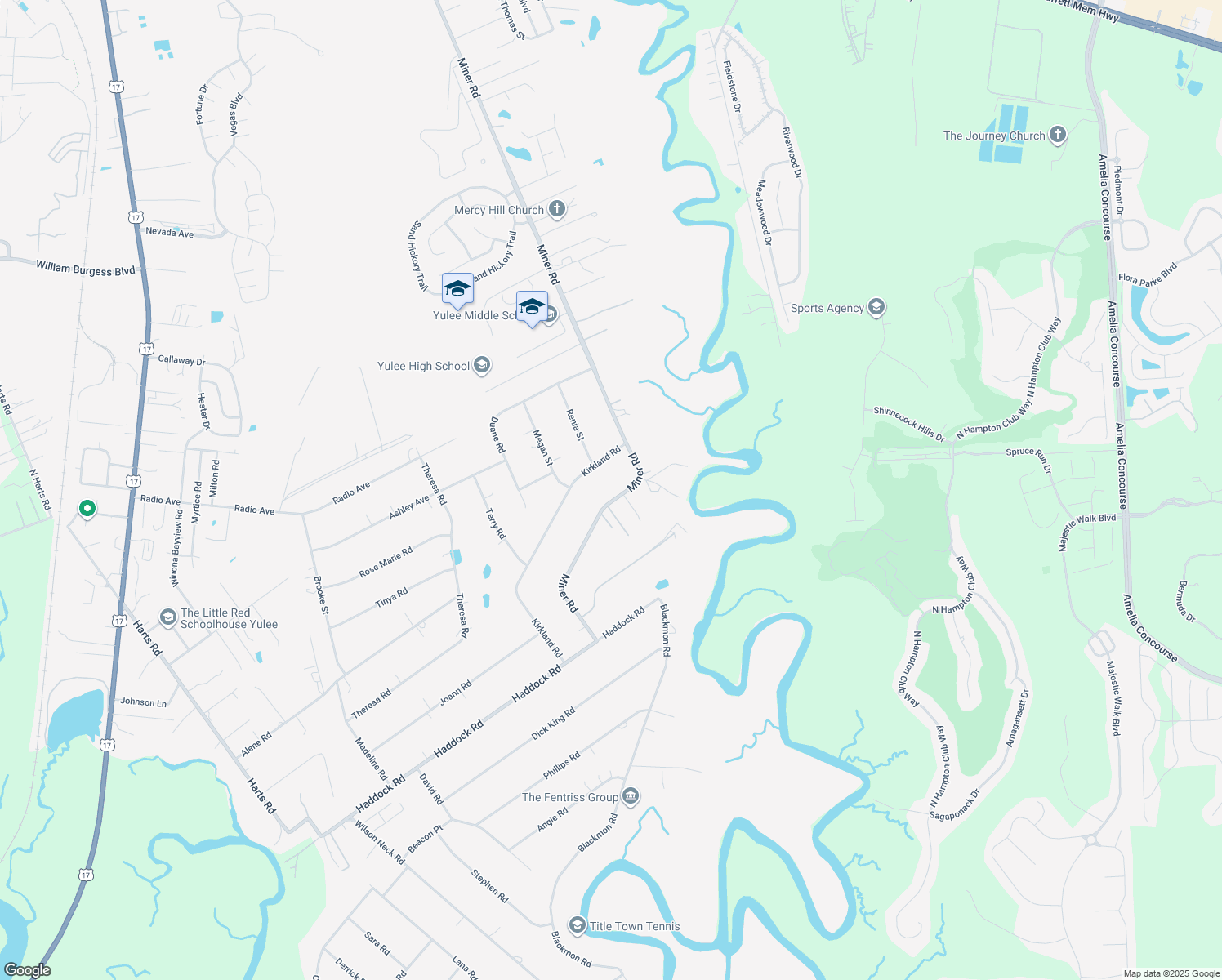 map of restaurants, bars, coffee shops, grocery stores, and more near 85189 Miner Road in Yulee