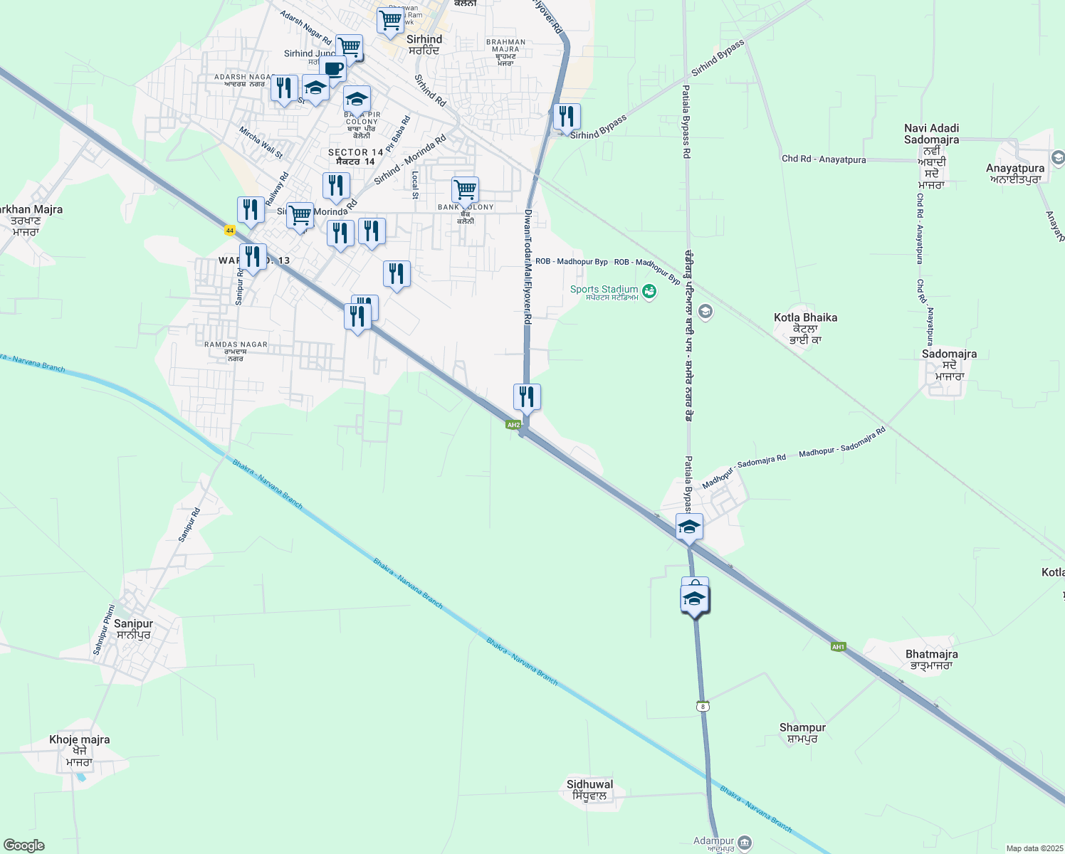 map of restaurants, bars, coffee shops, grocery stores, and more near Hansali - Grand Trunk Road in Fatehgarh Sahib