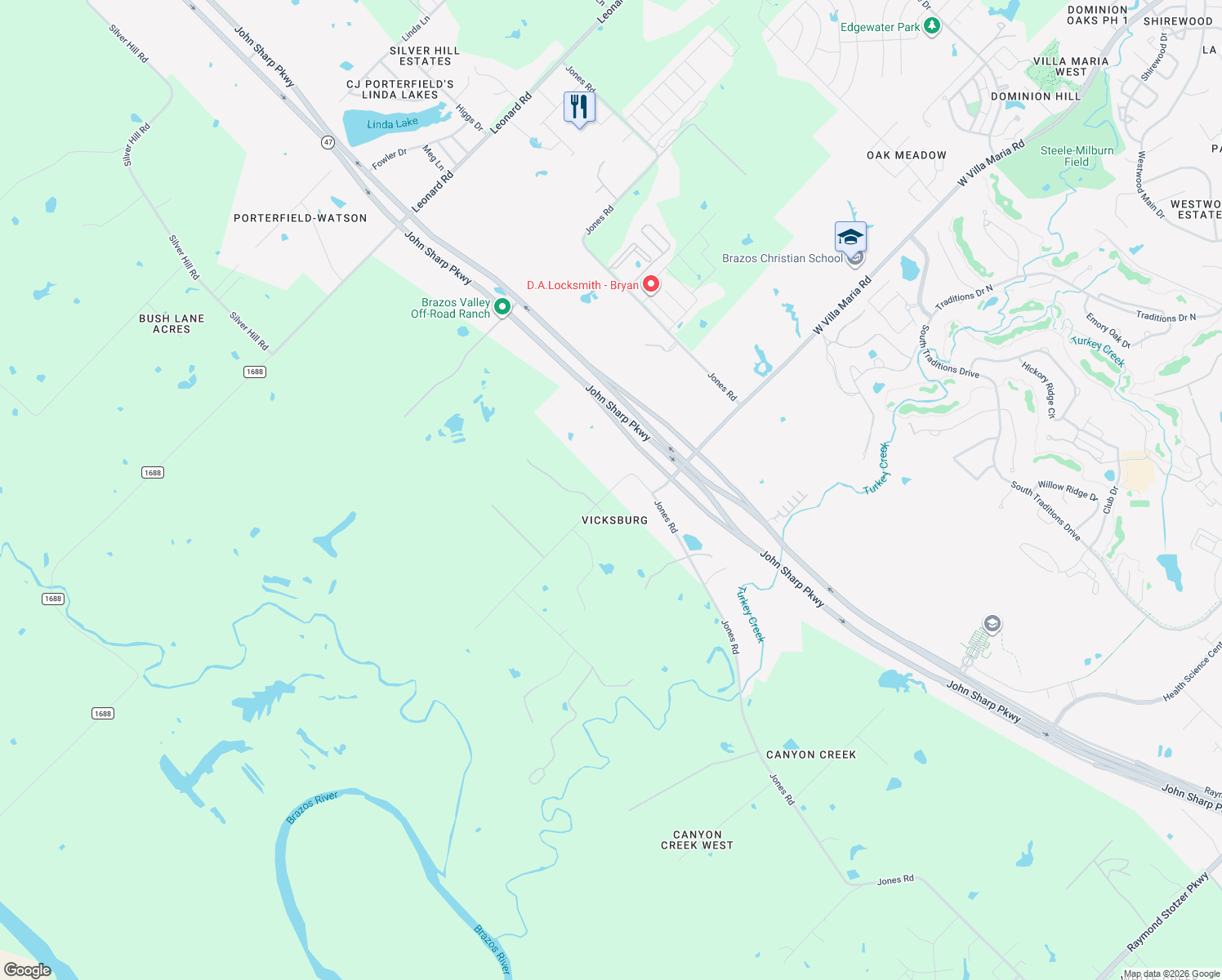 map of restaurants, bars, coffee shops, grocery stores, and more near 5798 Foster Road in Bryan