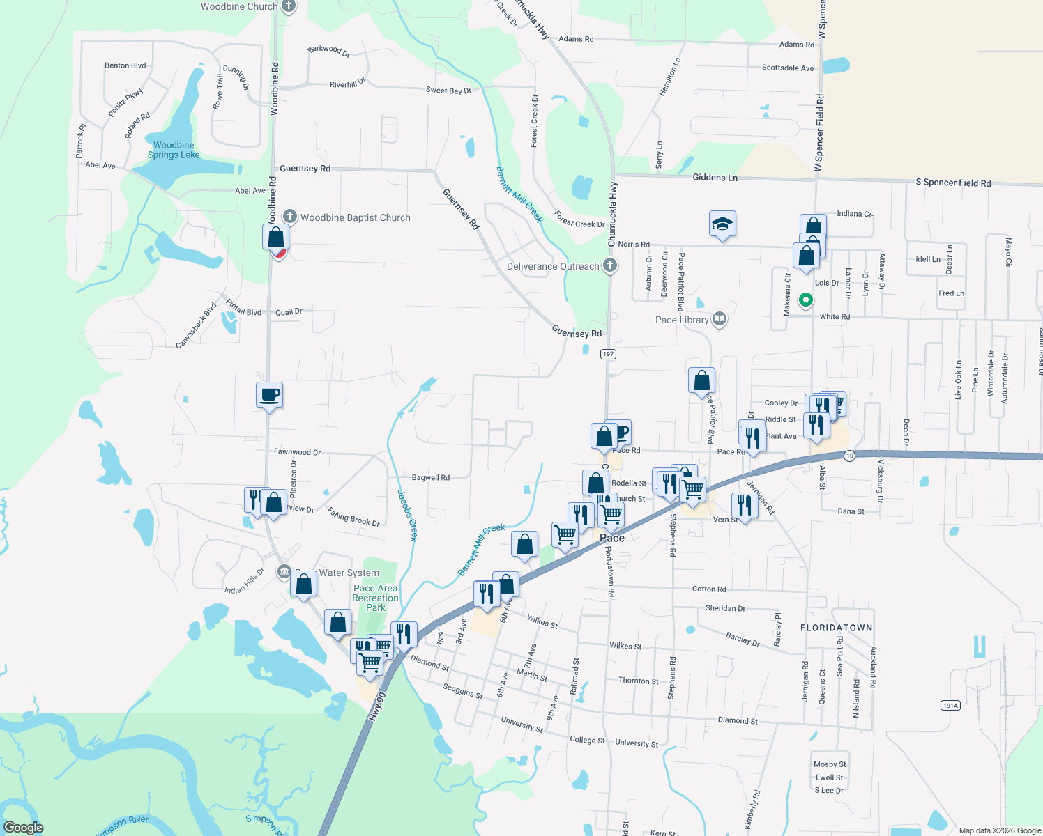 map of restaurants, bars, coffee shops, grocery stores, and more near 4640 Rambling Way in Pace