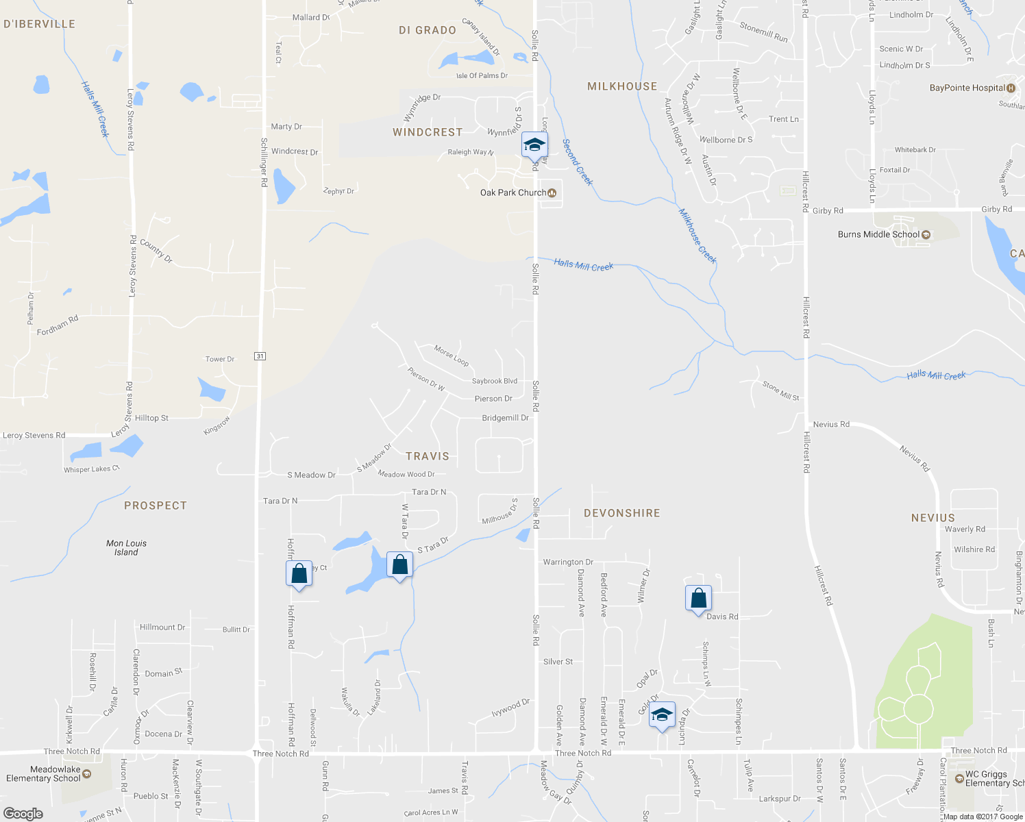 map of restaurants, bars, coffee shops, grocery stores, and more near 7154 Bridgemill Drive in Mobile