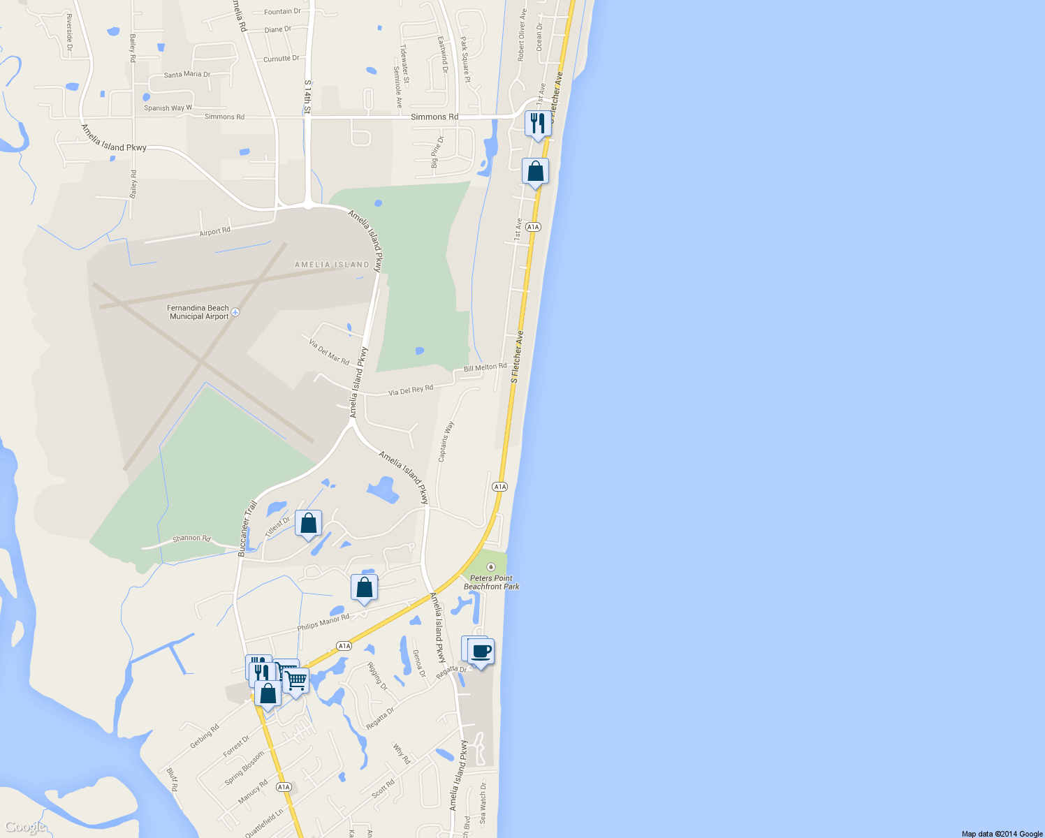 map of restaurants, bars, coffee shops, grocery stores, and more near 4198 South Fletcher Avenue in Fernandina Beach