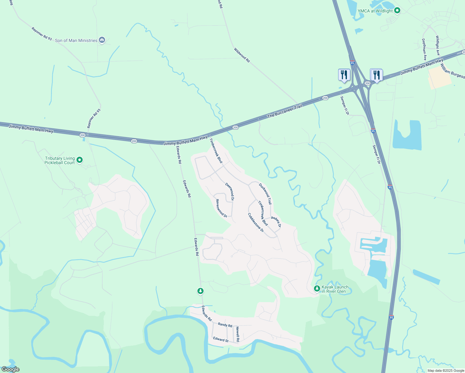 map of restaurants, bars, coffee shops, grocery stores, and more near 76185 Deerwood Drive in Yulee