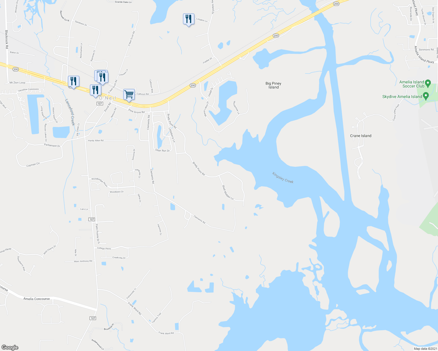 map of restaurants, bars, coffee shops, grocery stores, and more near 96039 Brady Point Road in Fernandina Beach
