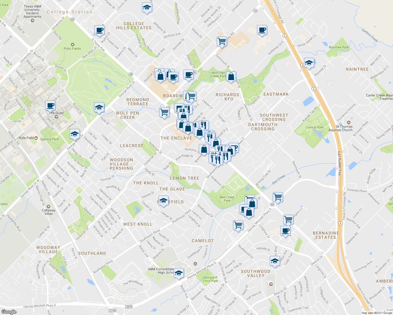 map of restaurants, bars, coffee shops, grocery stores, and more near 1537 Pine Ridge Drive in College Station