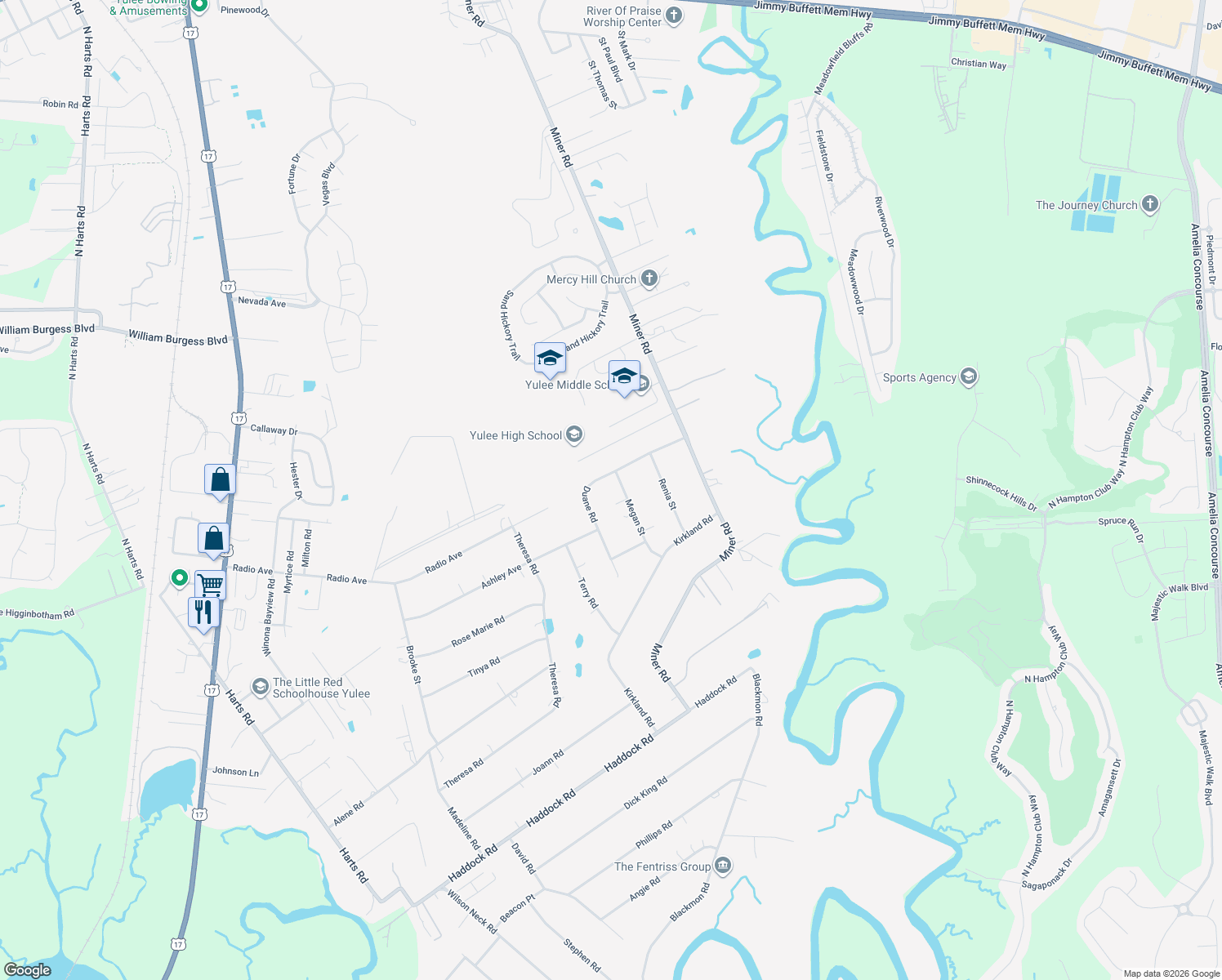 map of restaurants, bars, coffee shops, grocery stores, and more near 85267 Megan Street in Yulee