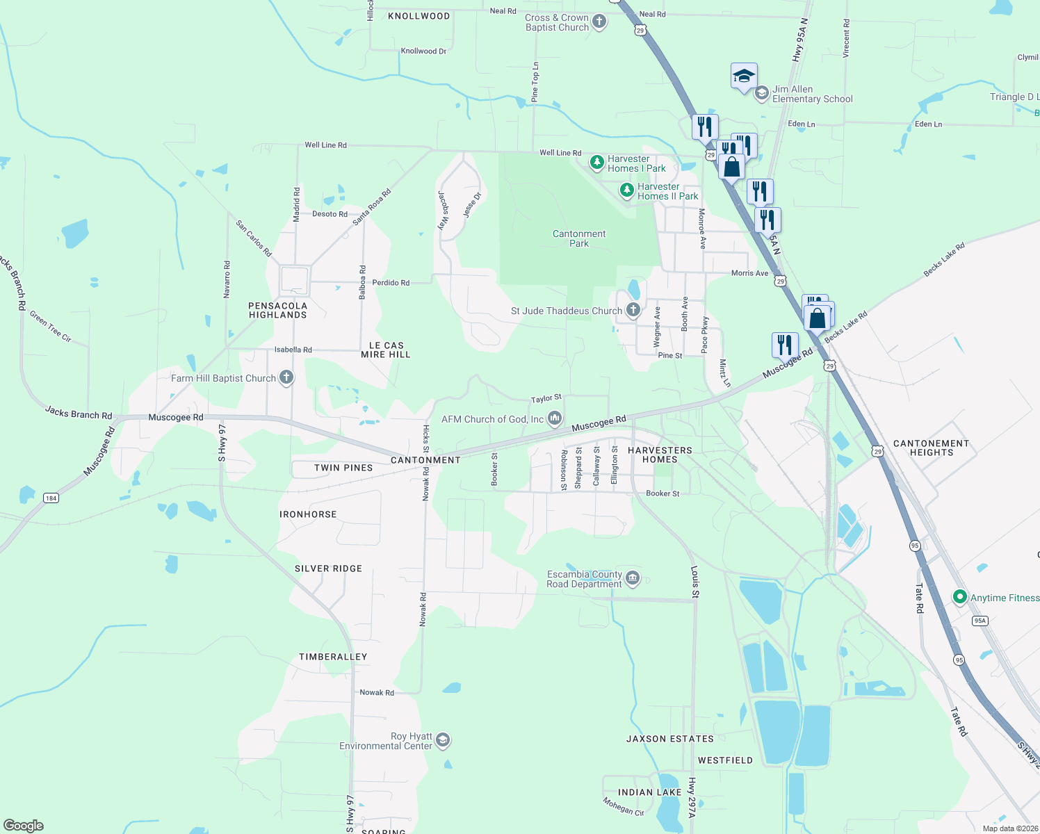 map of restaurants, bars, coffee shops, grocery stores, and more near 506 Irene Lane in Escambia County