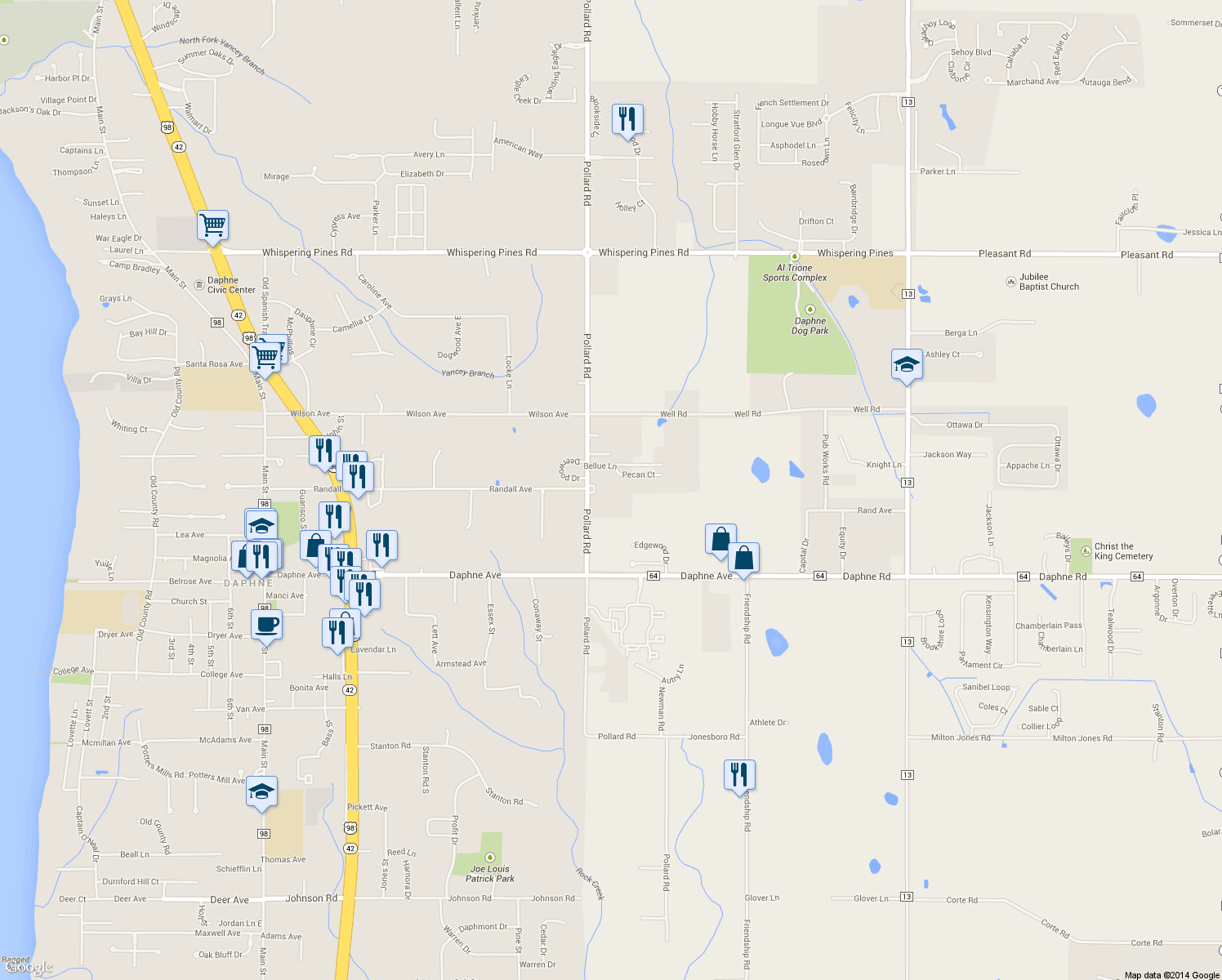 map of restaurants, bars, coffee shops, grocery stores, and more near 26258 Pollard Rd in Daphne