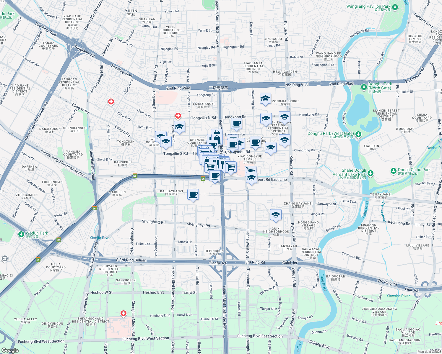 map of restaurants, bars, coffee shops, grocery stores, and more near Tian Fu Da Dao in Cheng Du Shi
