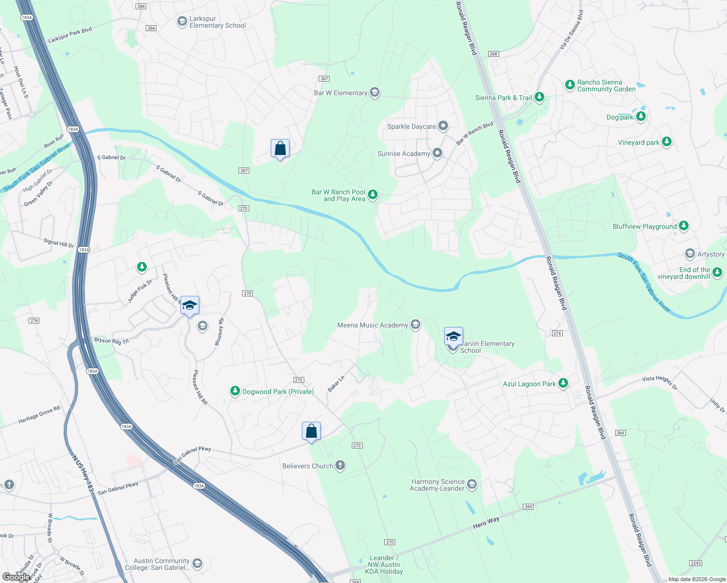 map of restaurants, bars, coffee shops, grocery stores, and more near 751 Baker Lane in Leander