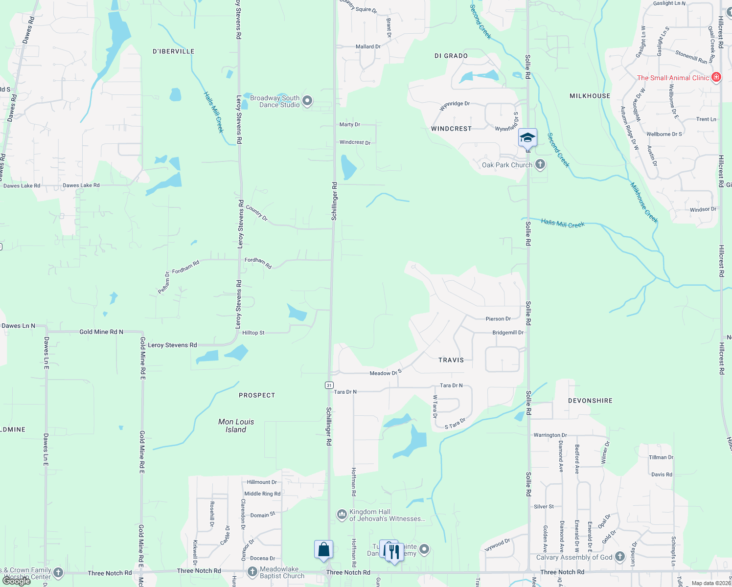 map of restaurants, bars, coffee shops, grocery stores, and more near 7630 Meadows Drive South in Mobile