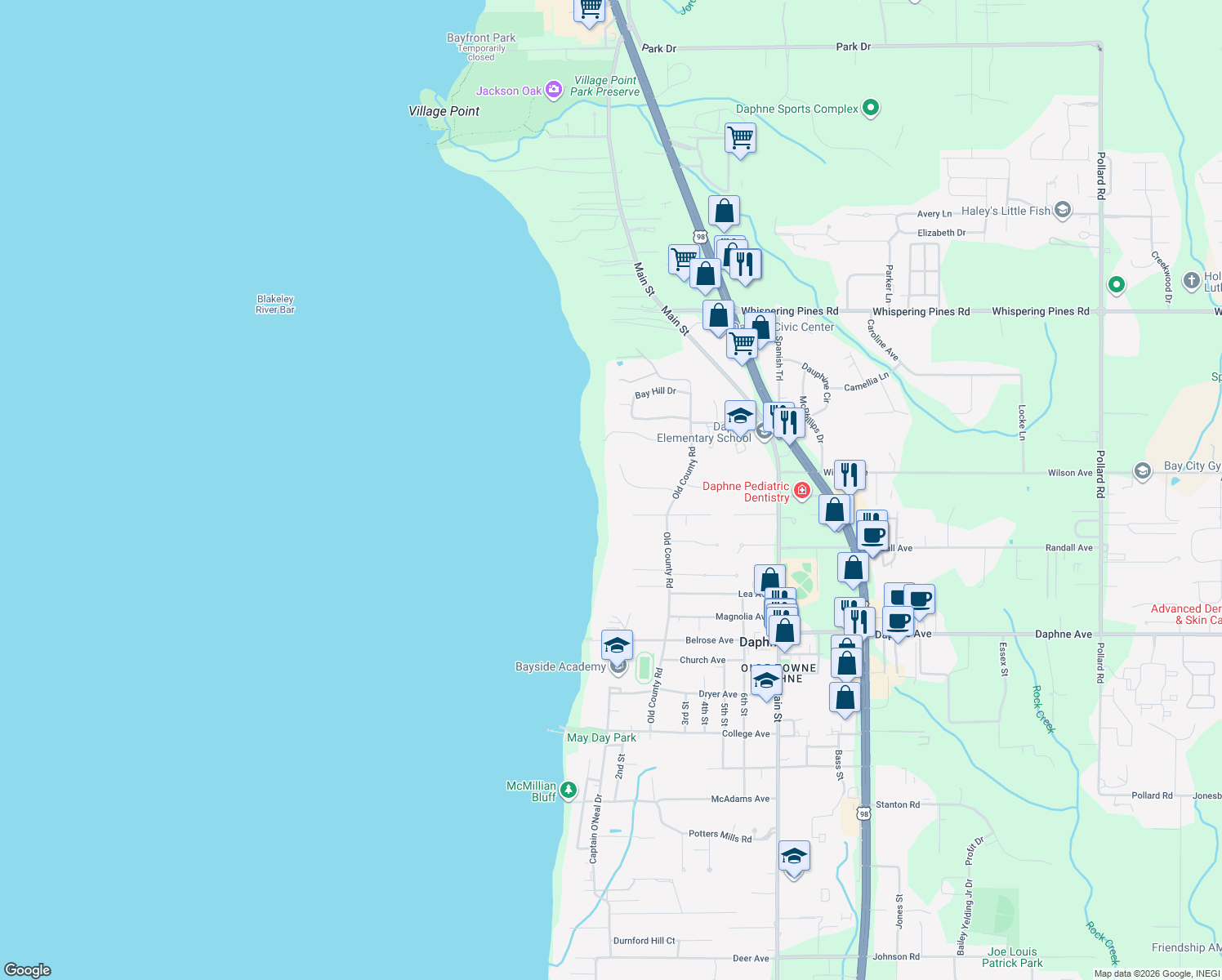 map of restaurants, bars, coffee shops, grocery stores, and more near 315 Whiting Court in Daphne