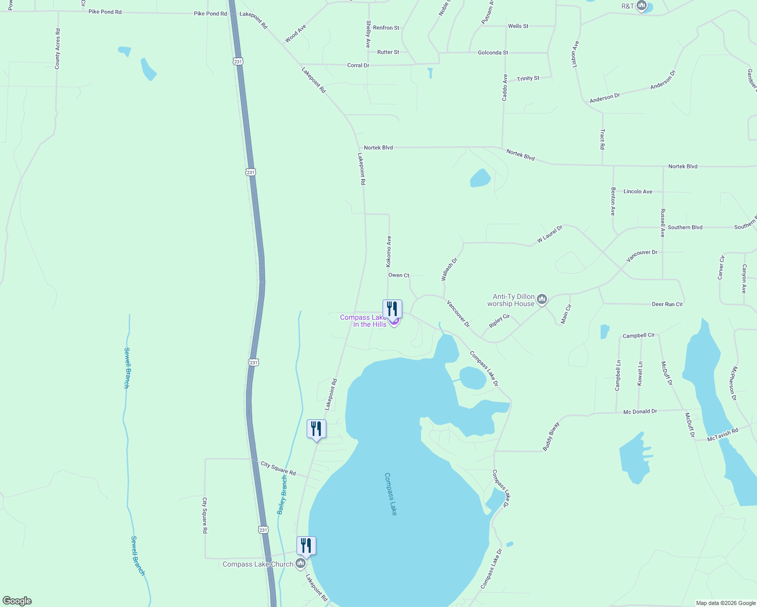 map of restaurants, bars, coffee shops, grocery stores, and more near 664 Compass Lake Drive in Alford