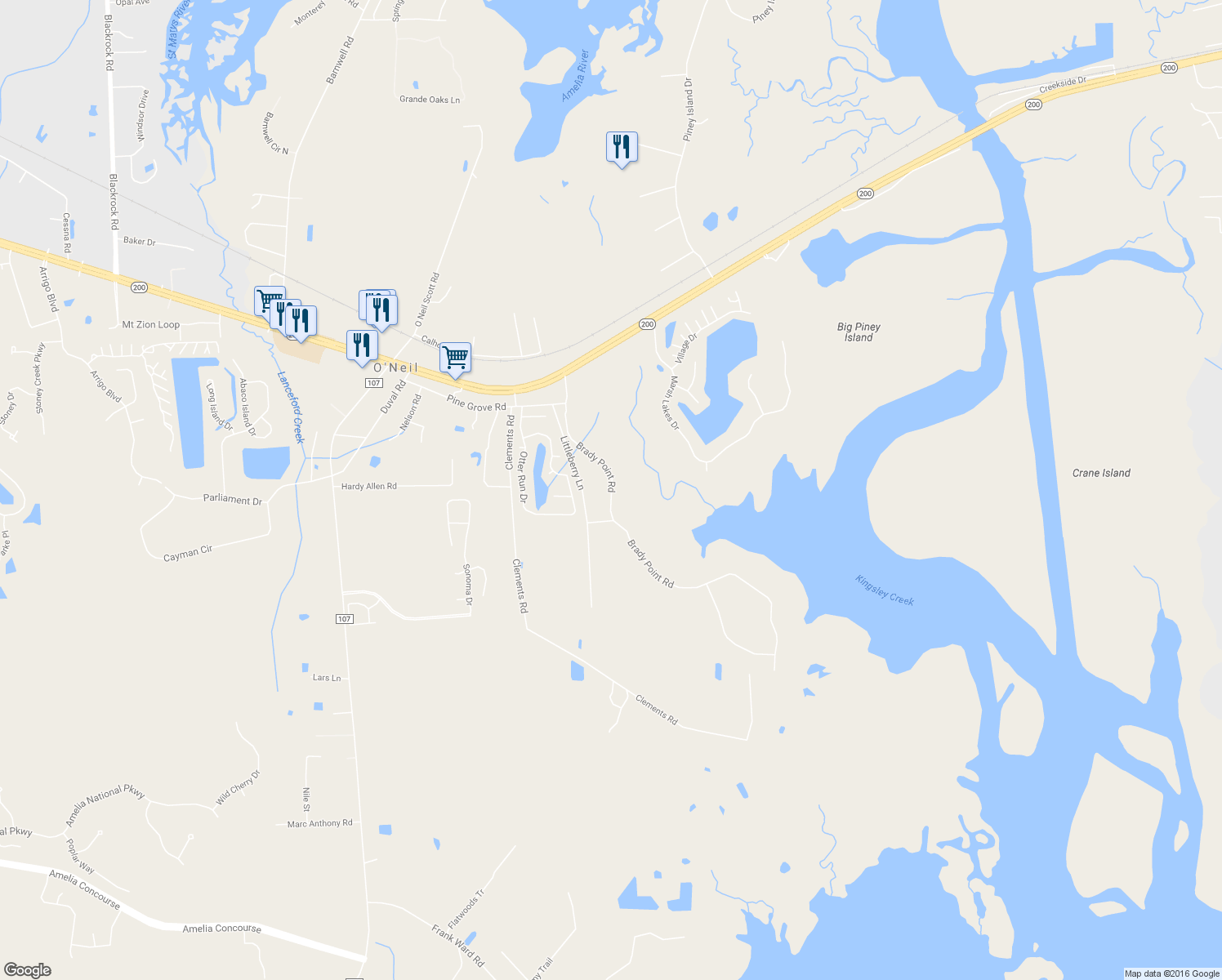 map of restaurants, bars, coffee shops, grocery stores, and more near 96203 Brady Point Road in Fernandina Beach