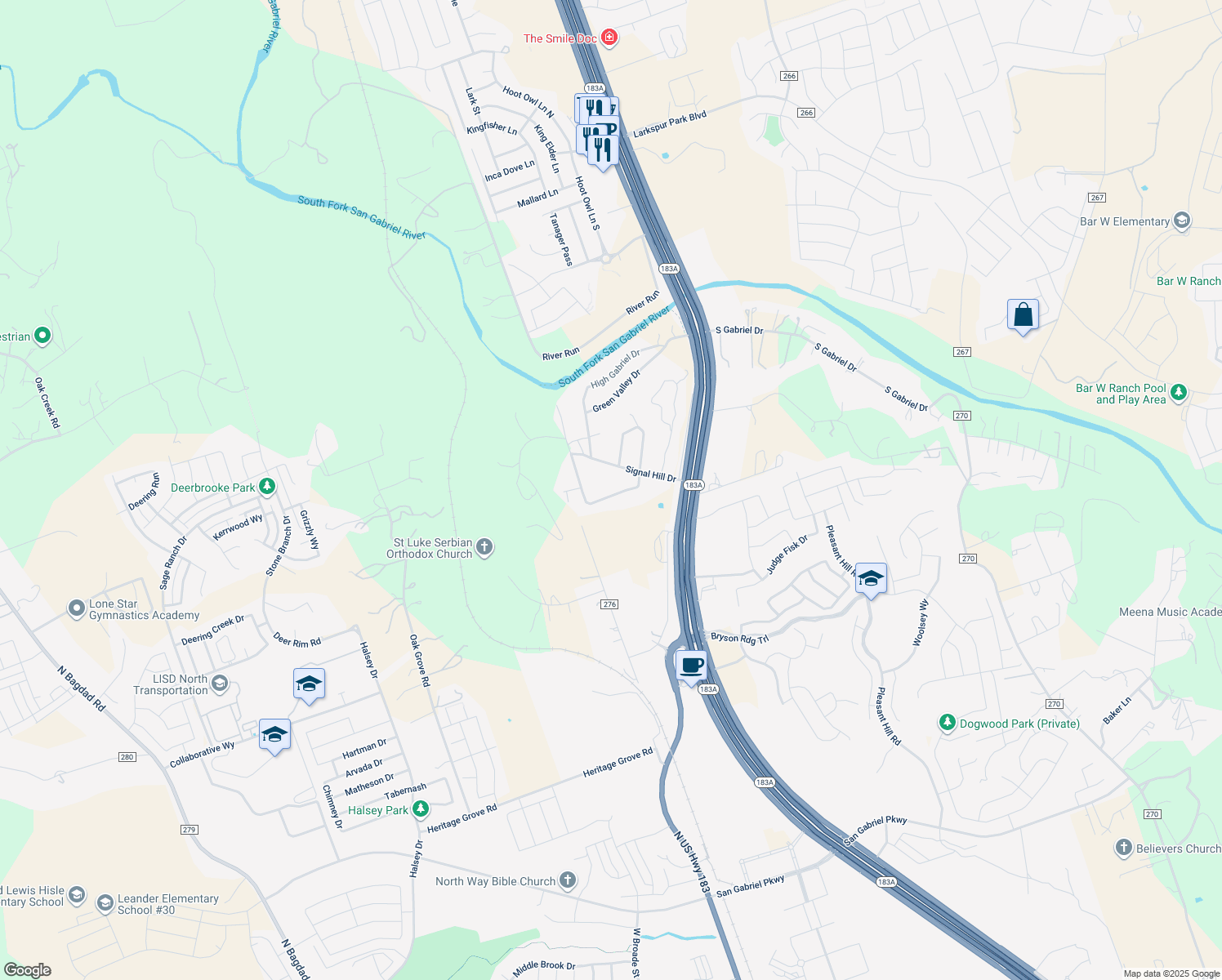 map of restaurants, bars, coffee shops, grocery stores, and more near 123 Skyview Terrace in Leander