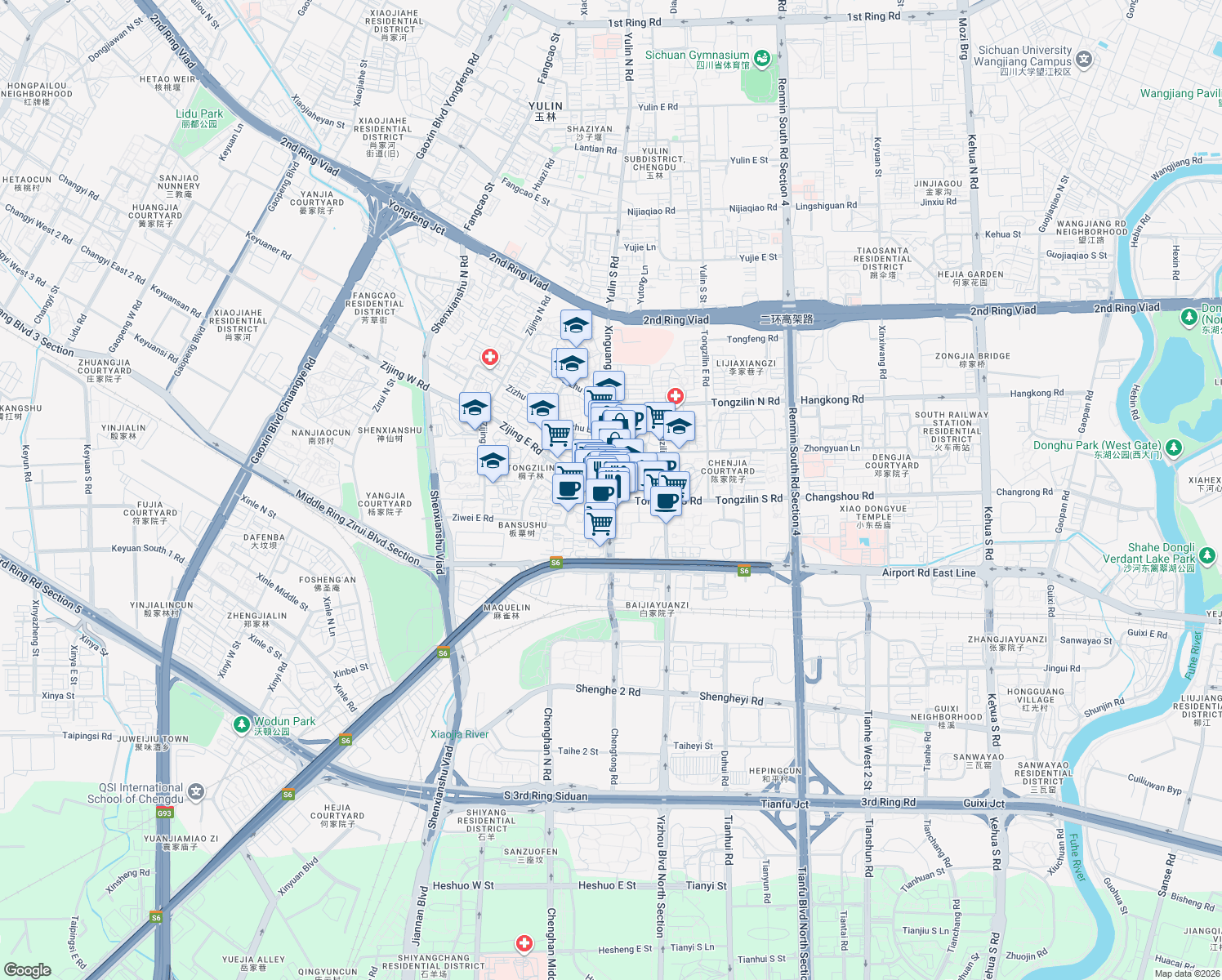 map of restaurants, bars, coffee shops, grocery stores, and more near Xin Guang Lu in Cheng Du Shi