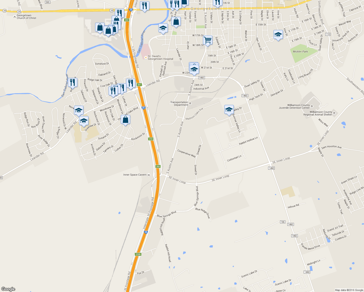 map of restaurants, bars, coffee shops, grocery stores, and more near 105 Cooperative Way in Georgetown