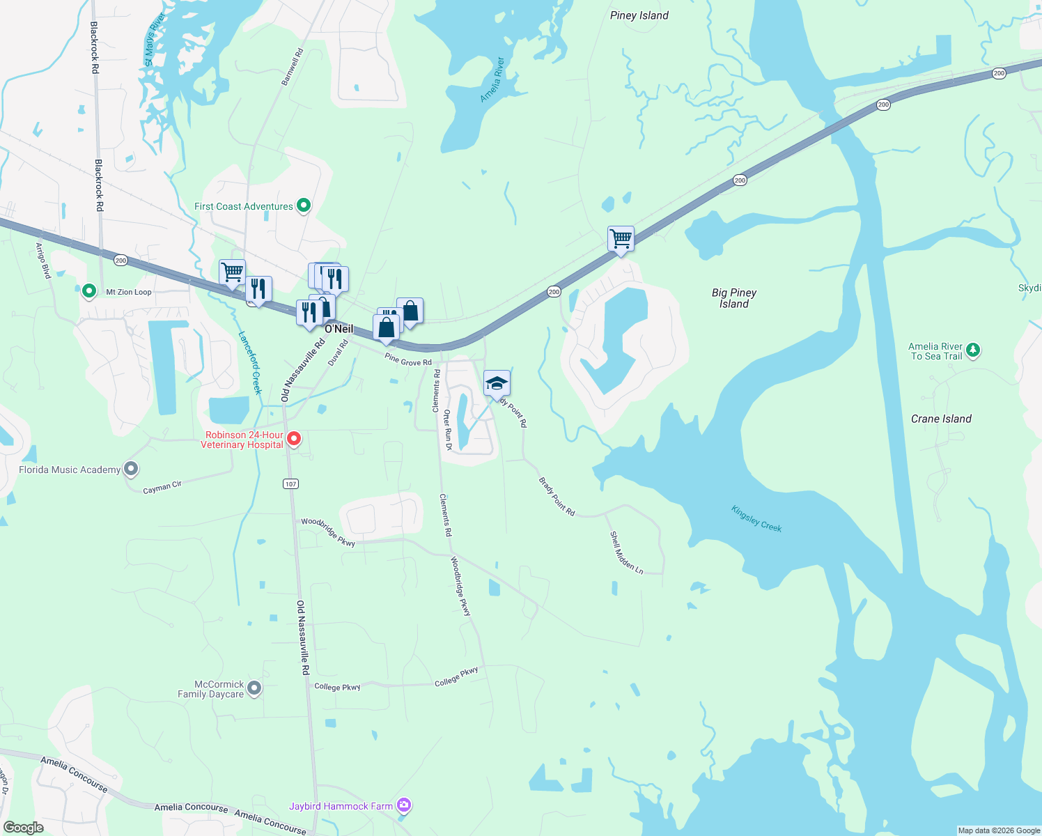 map of restaurants, bars, coffee shops, grocery stores, and more near 96234 Brady Point Road in Fernandina Beach