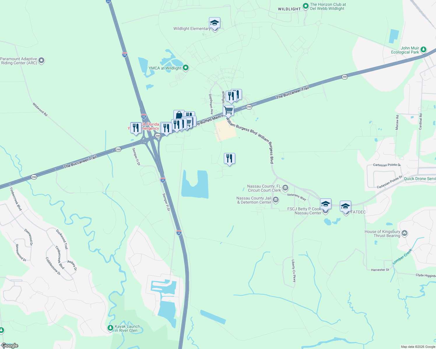 map of restaurants, bars, coffee shops, grocery stores, and more near 76093 Harper Chapel Road in Yulee