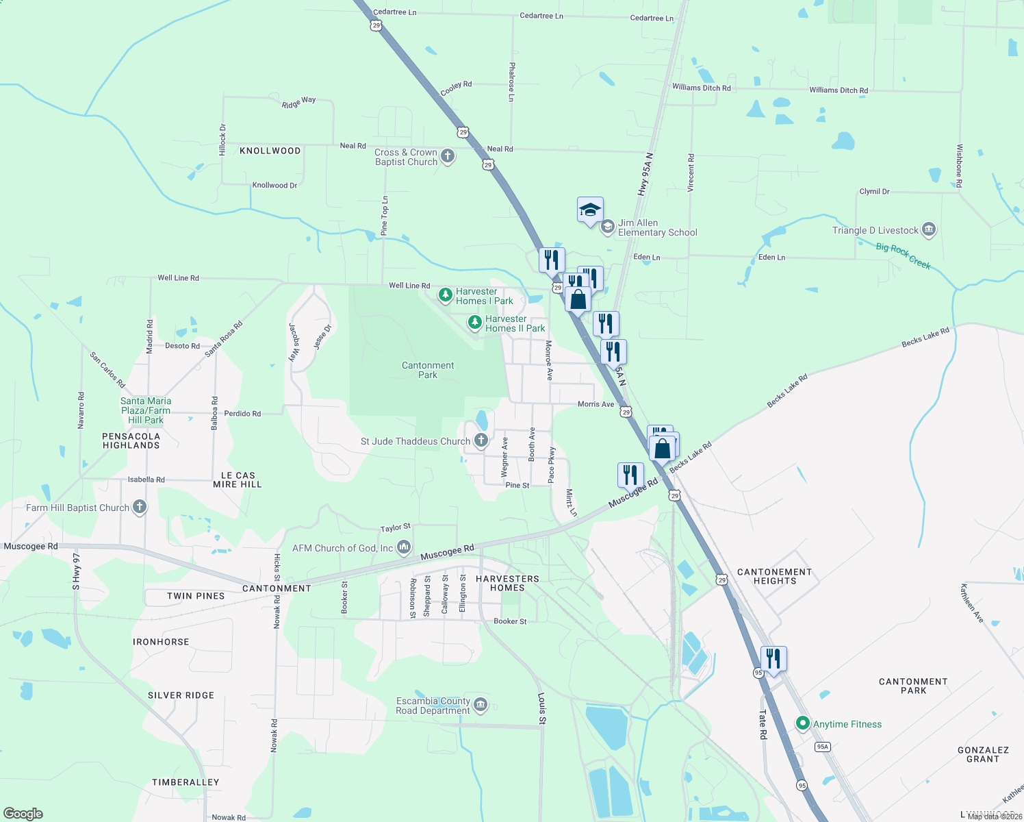 map of restaurants, bars, coffee shops, grocery stores, and more near 411 Coulter Avenue in Escambia County