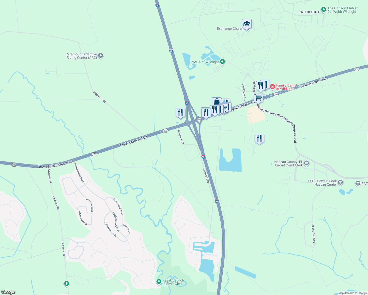 map of restaurants, bars, coffee shops, grocery stores, and more near 65001 Logan Road in Yulee