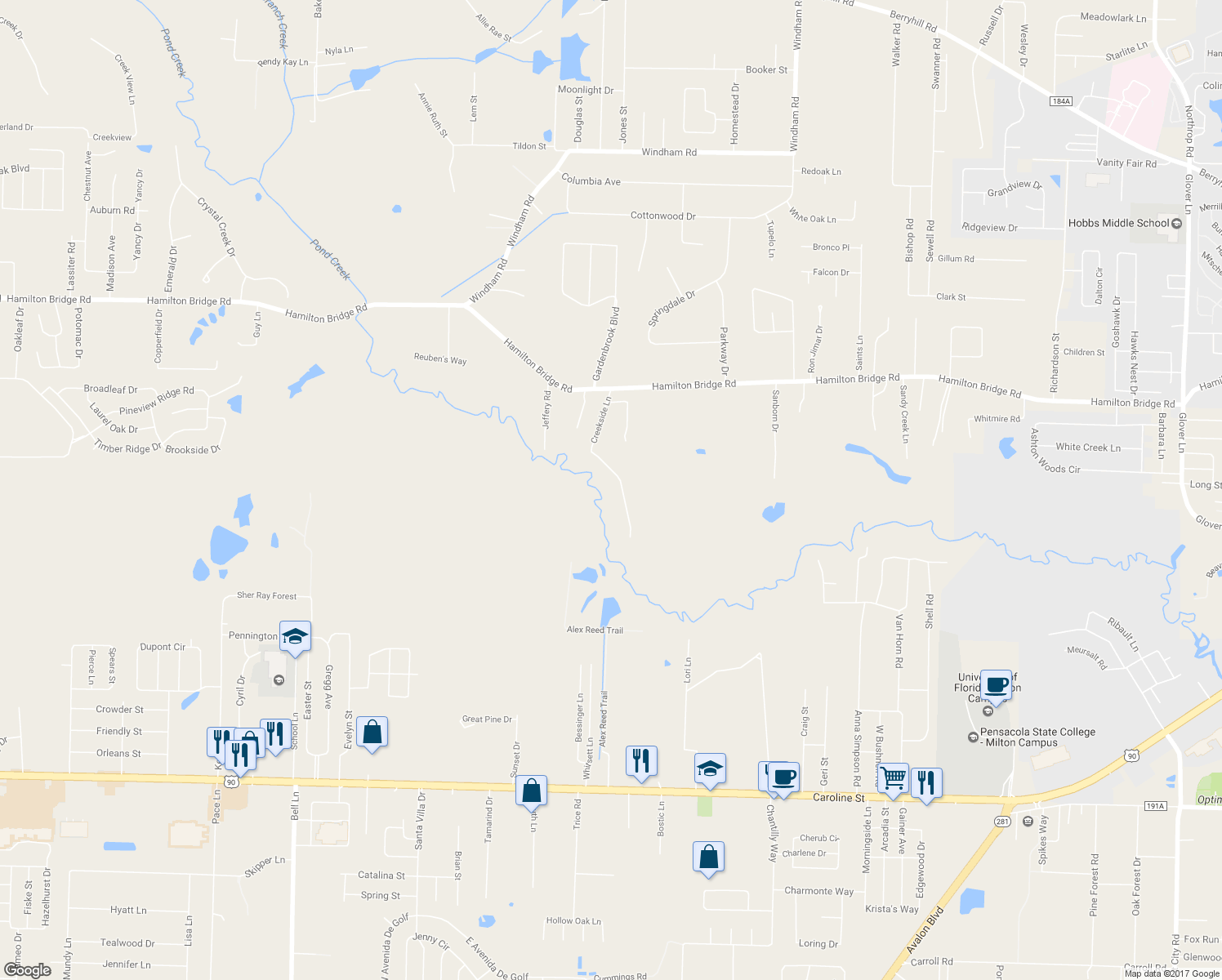 map of restaurants, bars, coffee shops, grocery stores, and more near 4941 Creekside Lane in Milton