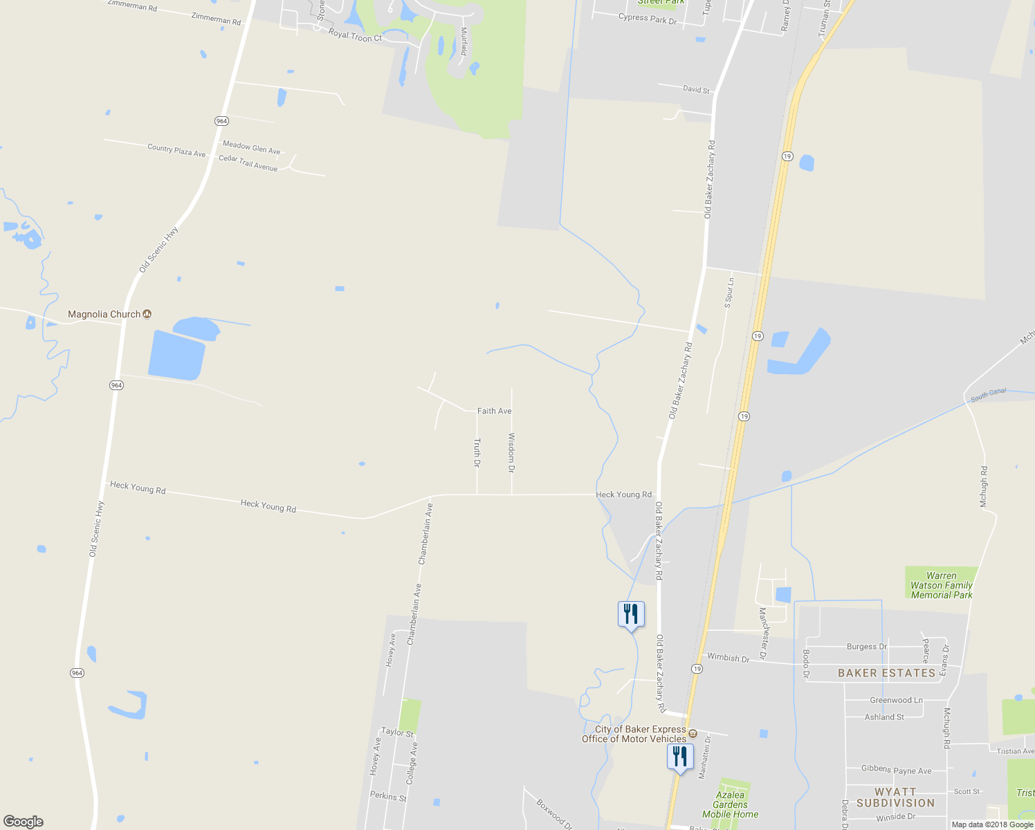 map of restaurants, bars, coffee shops, grocery stores, and more near 17542 Wisdom Drive in Baker