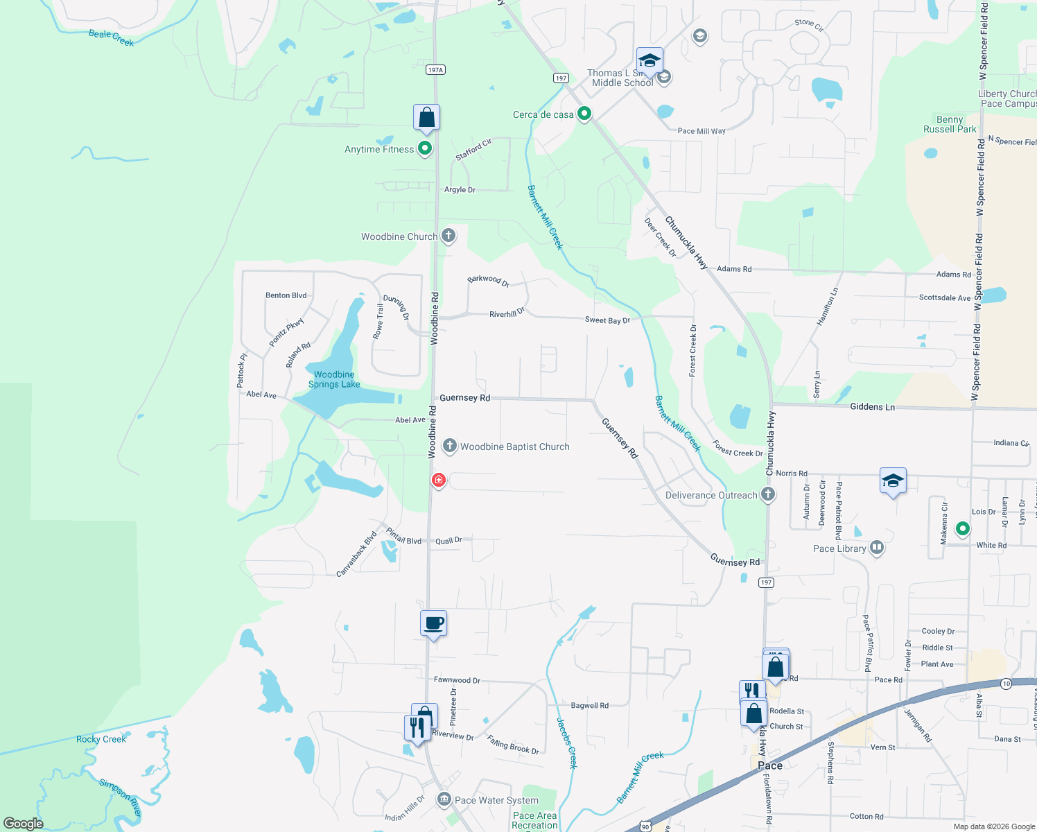 map of restaurants, bars, coffee shops, grocery stores, and more near 5033 Guernsey Rd in Pace