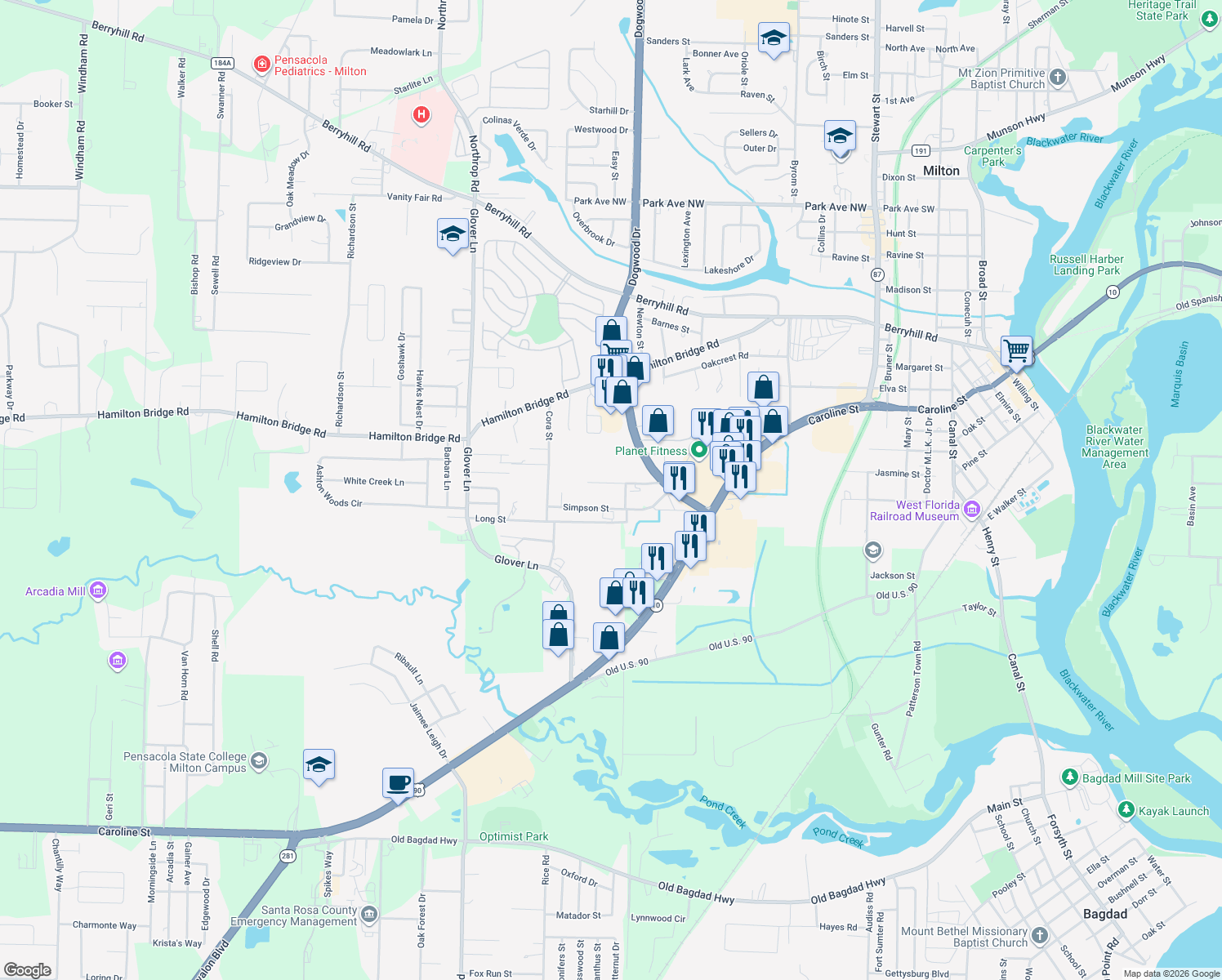 map of restaurants, bars, coffee shops, grocery stores, and more near 6383 Metz Road in Milton