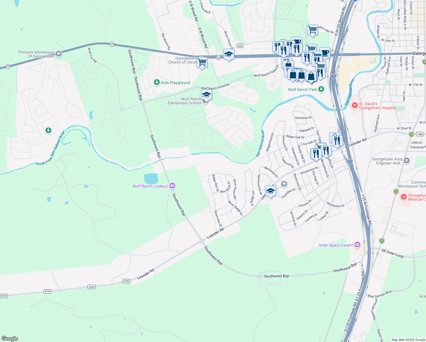 map of restaurants, bars, coffee shops, grocery stores, and more near 534 River Down Rd in Georgetown