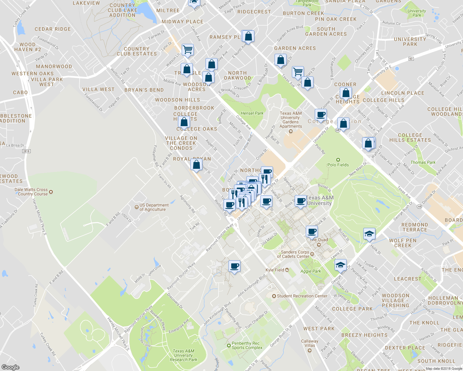 map of restaurants, bars, coffee shops, grocery stores, and more near 410 College Main in College Station