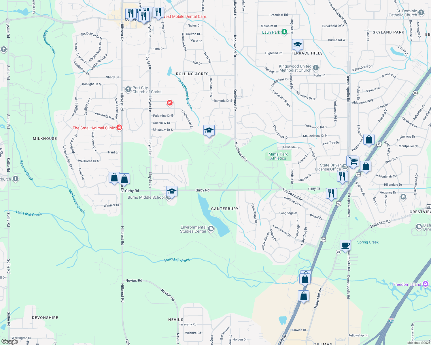 map of restaurants, bars, coffee shops, grocery stores, and more near 5755 Rue Conti in Mobile