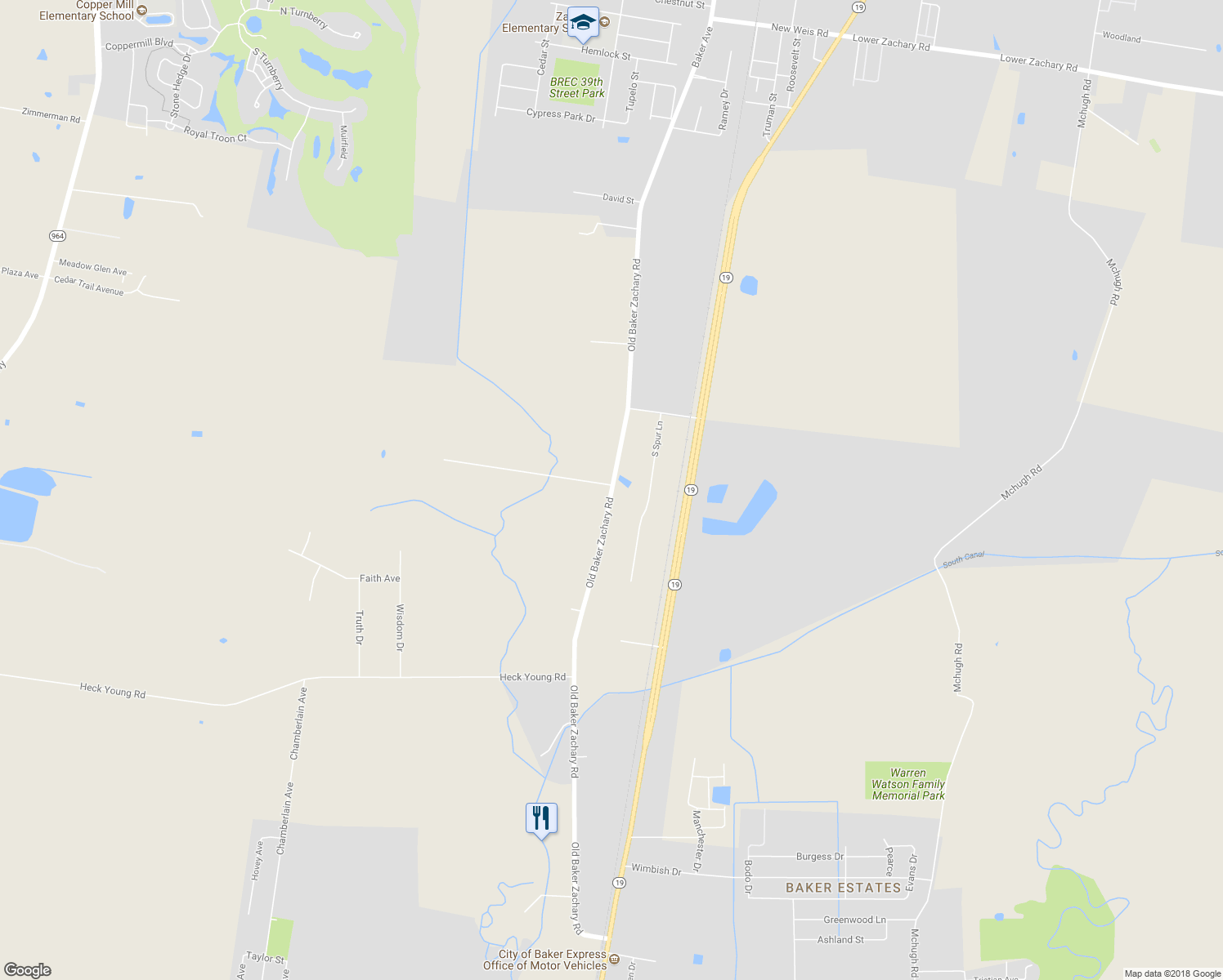 map of restaurants, bars, coffee shops, grocery stores, and more near 17903 Old Baker Zachary Road in Baker