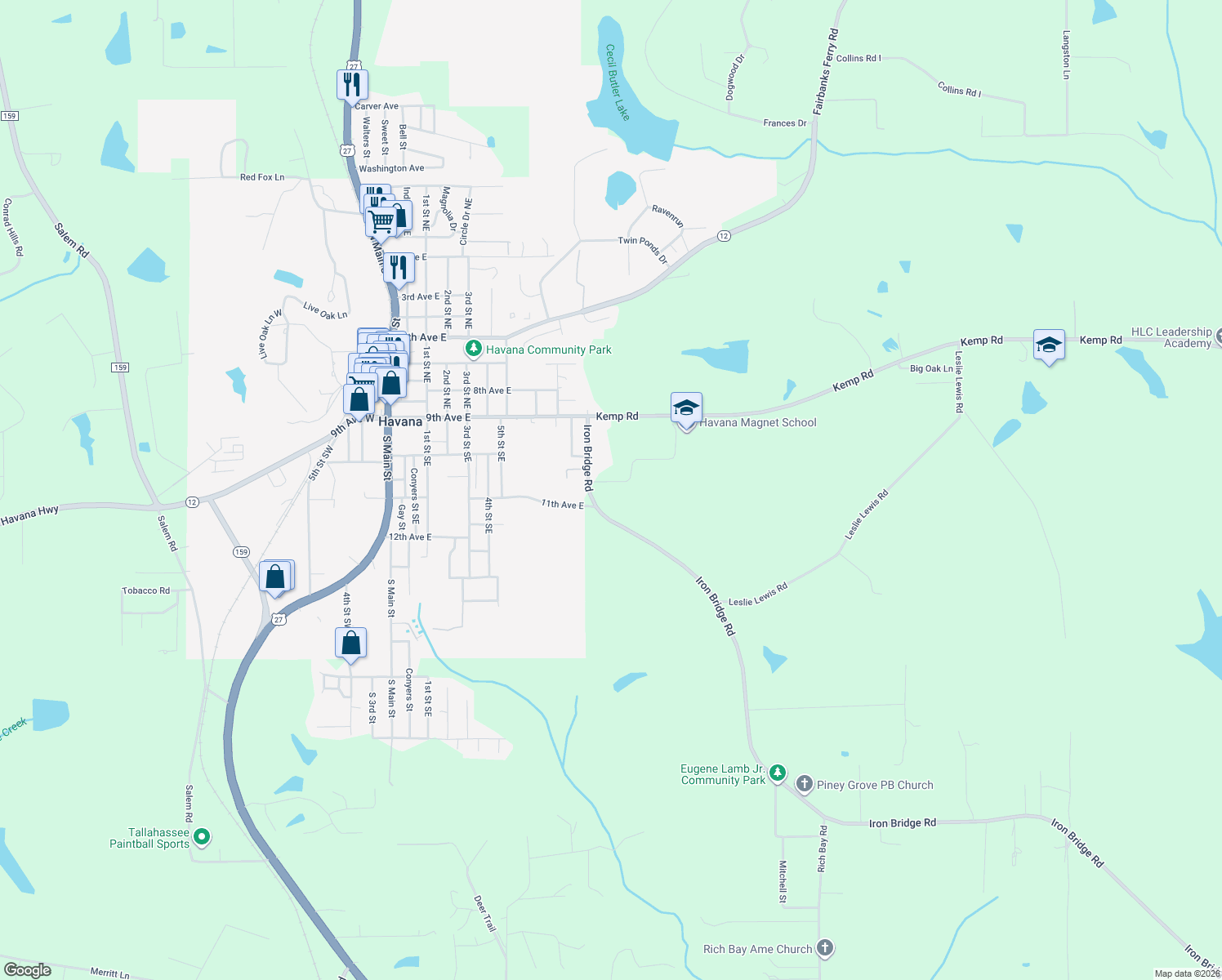map of restaurants, bars, coffee shops, grocery stores, and more near 243 Iron Bridge Road in Havana