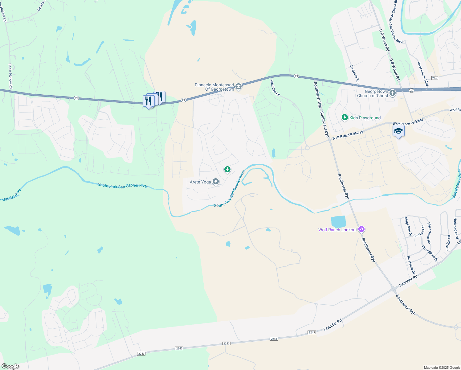 map of restaurants, bars, coffee shops, grocery stores, and more near 1401 Weir Ranch Road in Georgetown