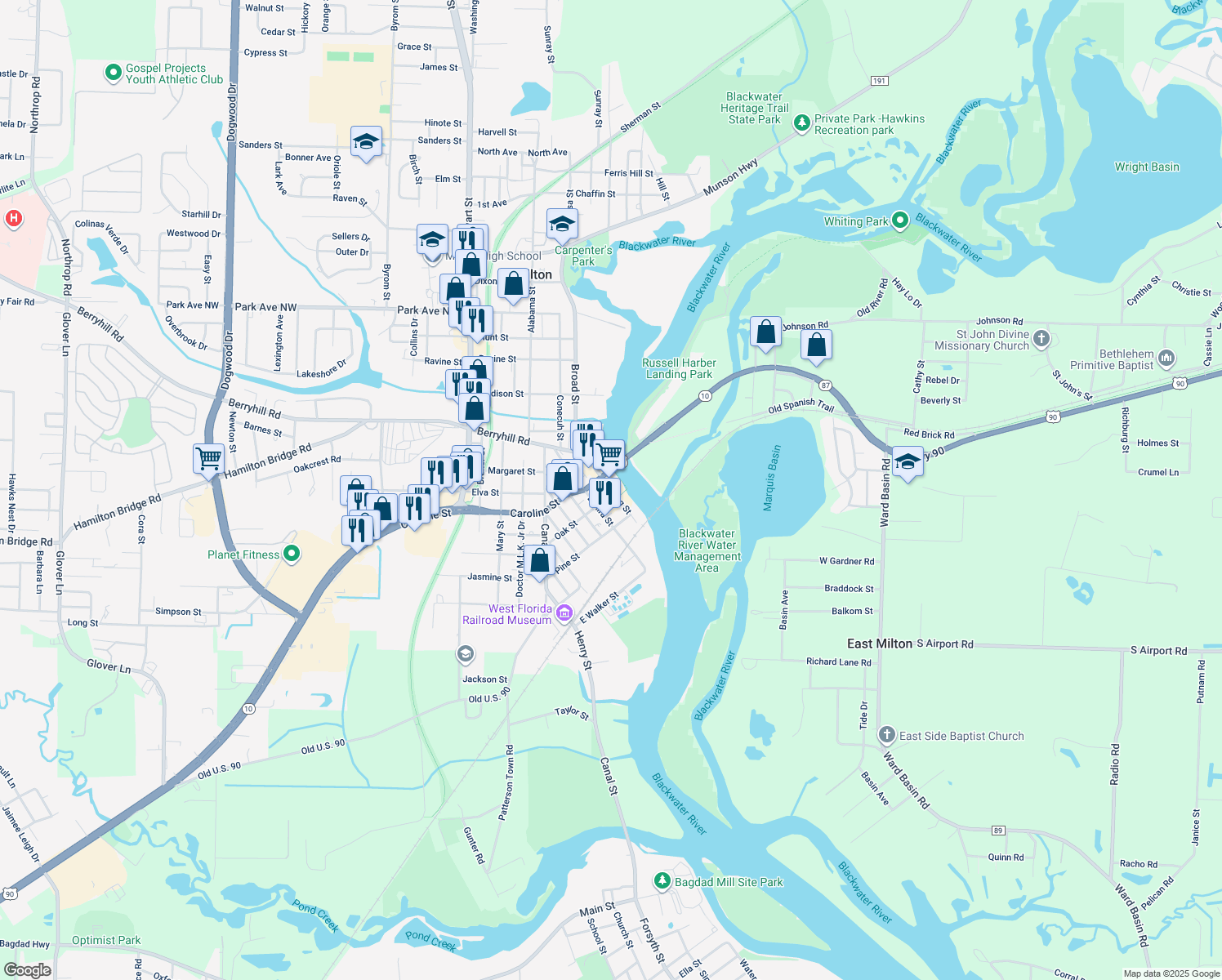 map of restaurants, bars, coffee shops, grocery stores, and more near Willing Street in Milton